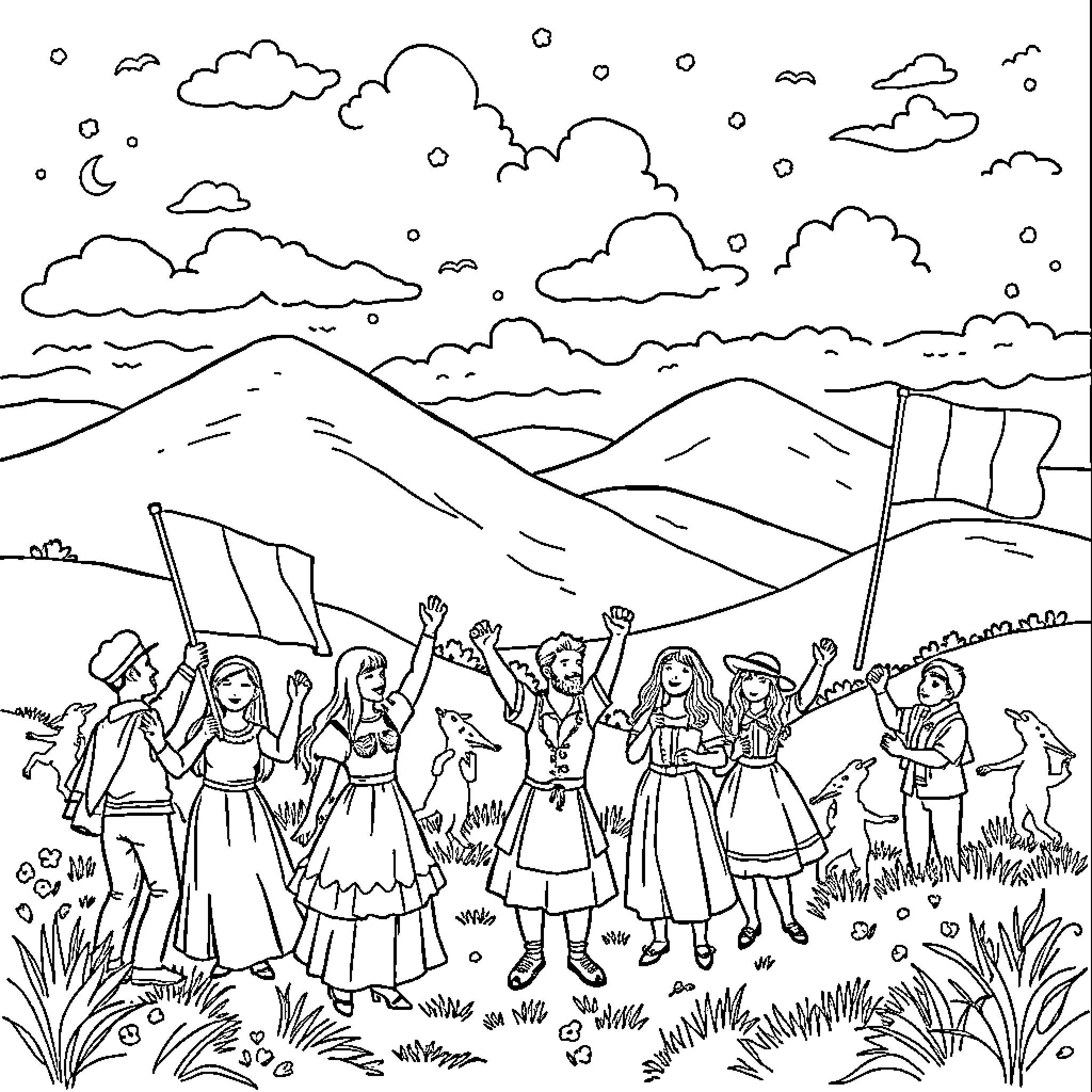 Ireland Celebrating with Traditional Dancers and Flags Coloring Page (free black-and-white line drawing printable PDF for all, from beginners to advanced learners, including children, teens, adults, and seniors)