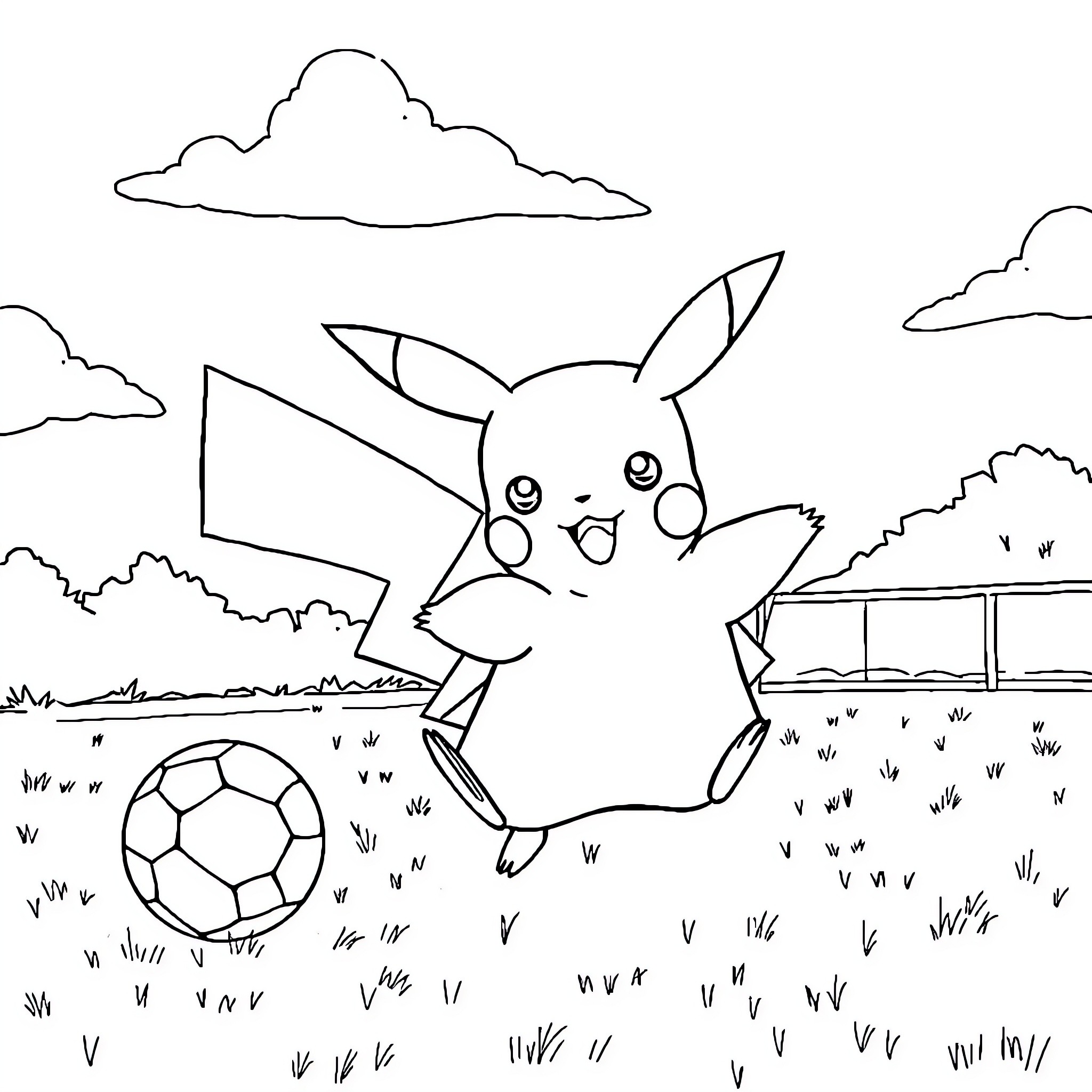 Pikachu playing soccer in the park Coloring Page (free black-and-white line drawing printable PDF for all, from beginners to advanced learners, including children, teens, adults, and seniors)