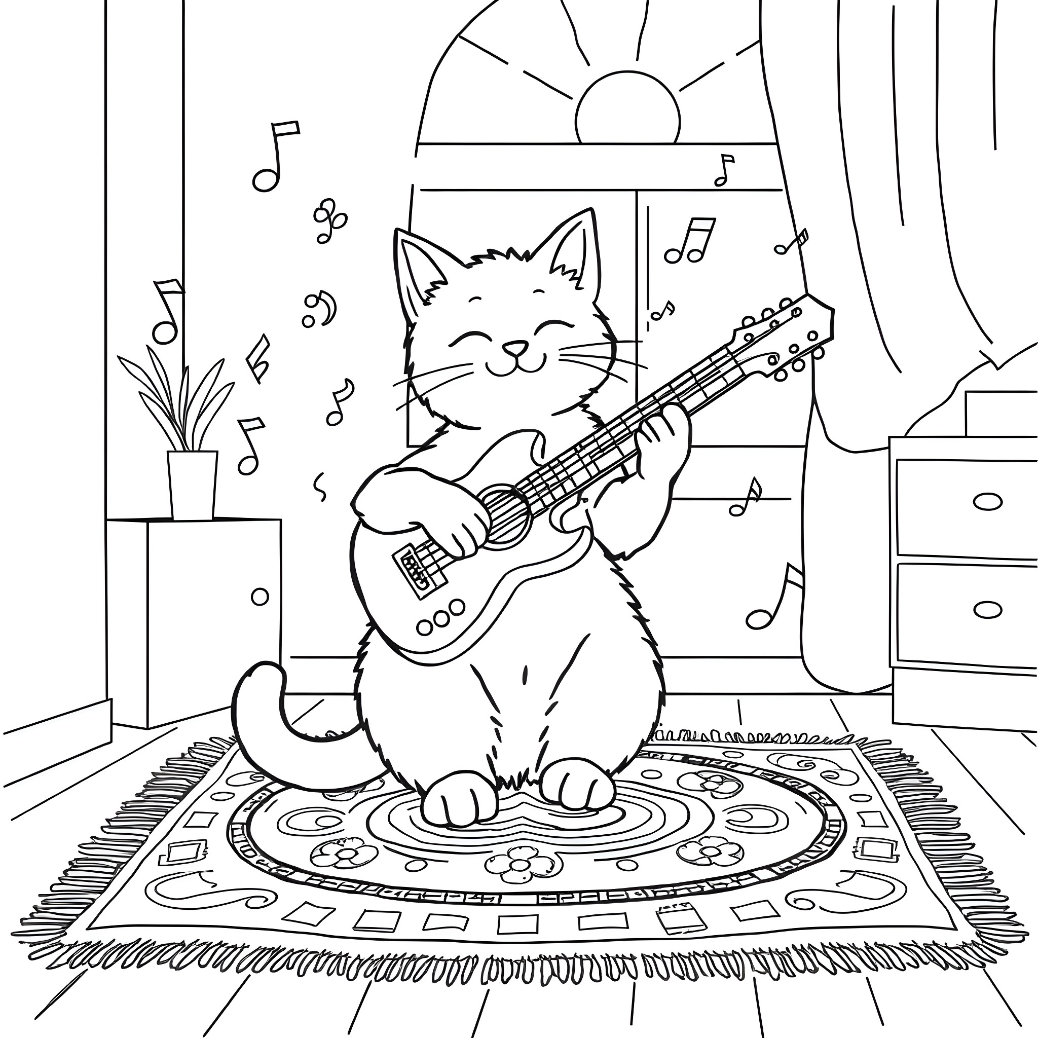 Cat playing guitar in a cozy room Coloring Page (free black-and-white line drawing printable PDF for all, from beginners to advanced learners, including children, teens, adults, and seniors)