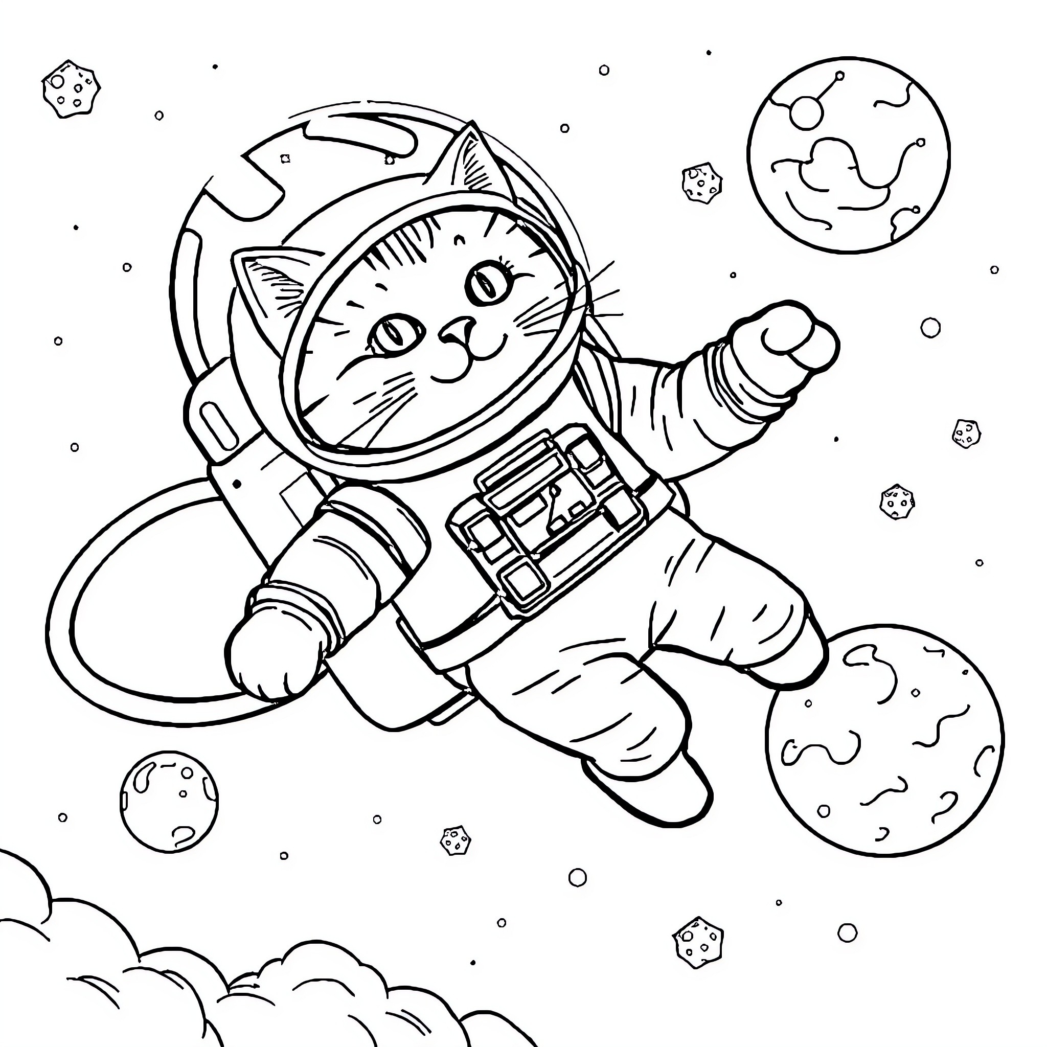 Cat Astronaut Floating in Space Coloring Page (free black-and-white line drawing printable PDF for all, from beginners to advanced learners, including children, teens, adults, and seniors)