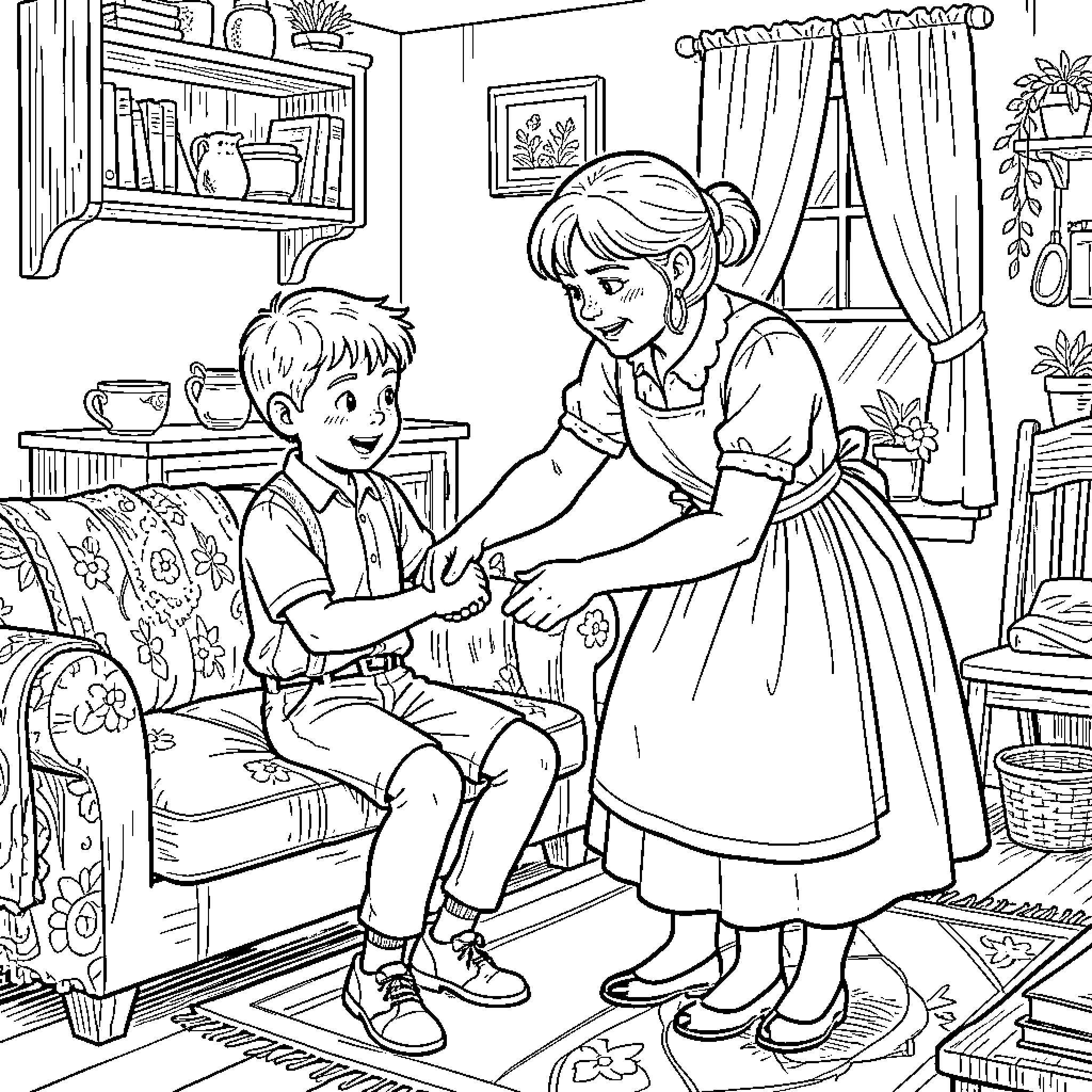 Thomas Sawyer interacting with a woman in a living room Coloring Page (free black-and-white line drawing printable PDF for all, from beginners to advanced learners, including children, teens, adults, and seniors)