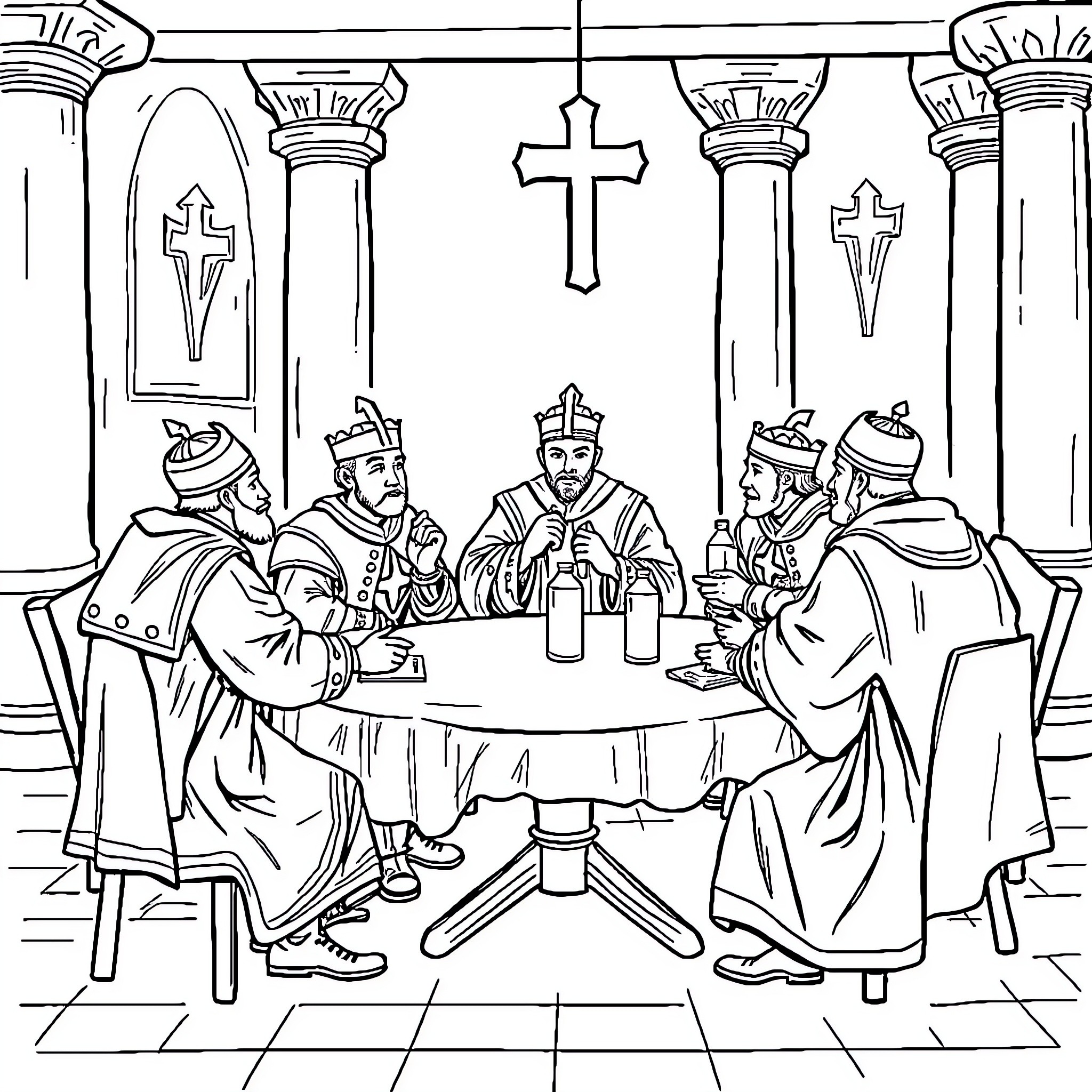Knight Gathering at Ceremonial Chamber Coloring Page (free black-and-white line drawing printable PDF for all, from beginners to advanced learners, including children, teens, adults, and seniors)