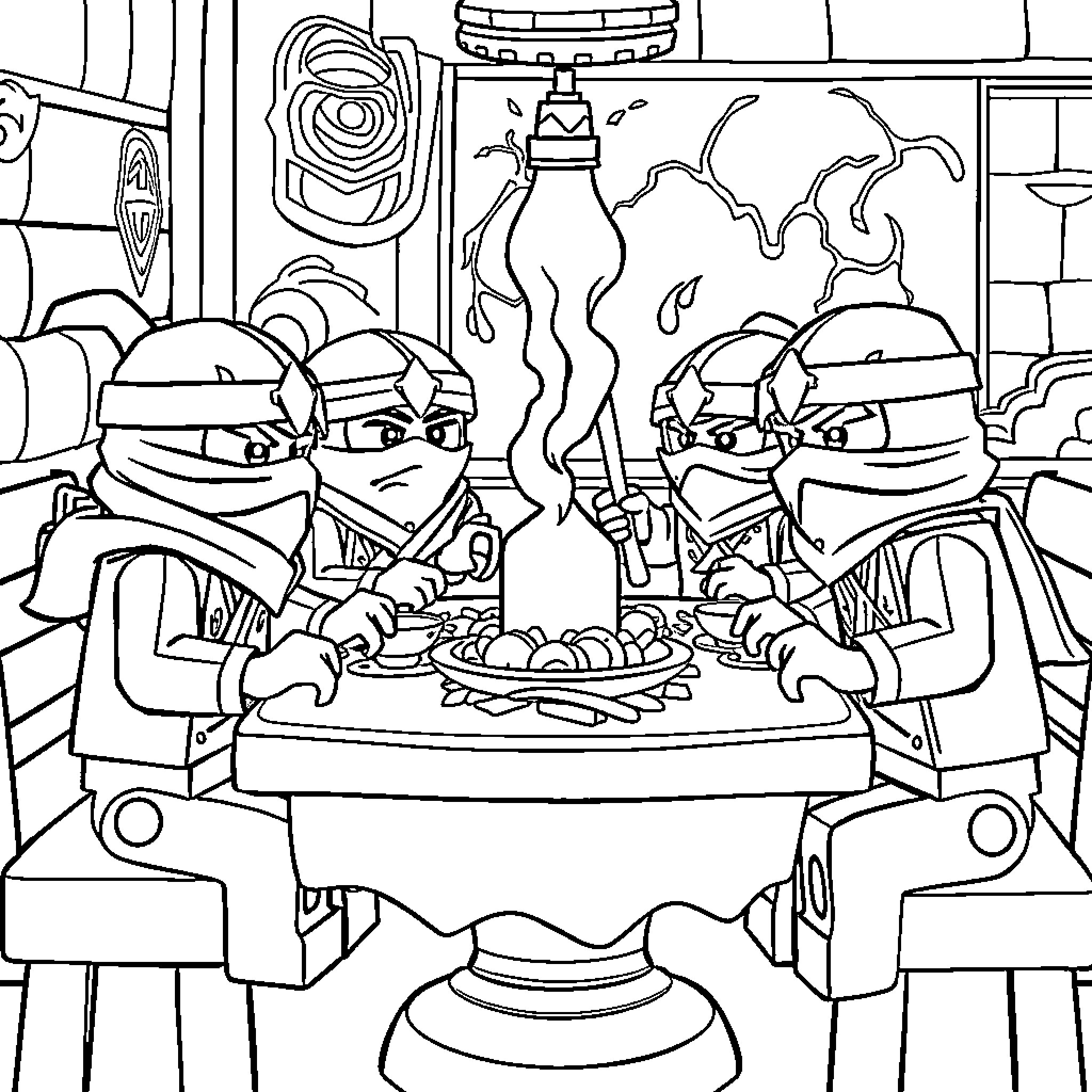 Ninjago Characters Enjoying a Meal Together Coloring Page (free black-and-white line drawing printable PDF for all, from beginners to advanced learners, including children, teens, adults, and seniors)