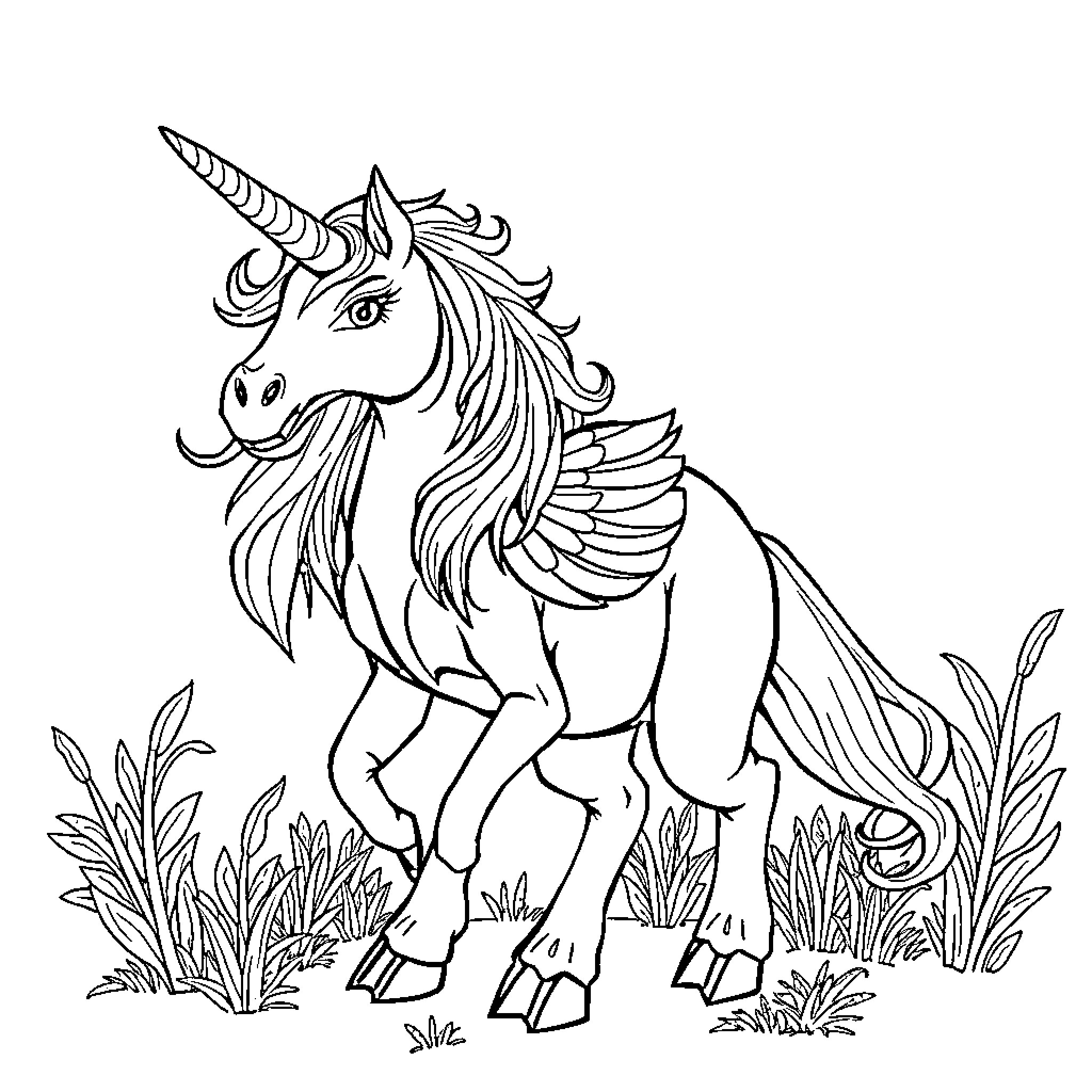 Unicorn Dinosaur Exploring Lush Meadow Coloring Page (free black-and-white line drawing printable PDF for all, from beginners to advanced learners, including children, teens, adults, and seniors)
