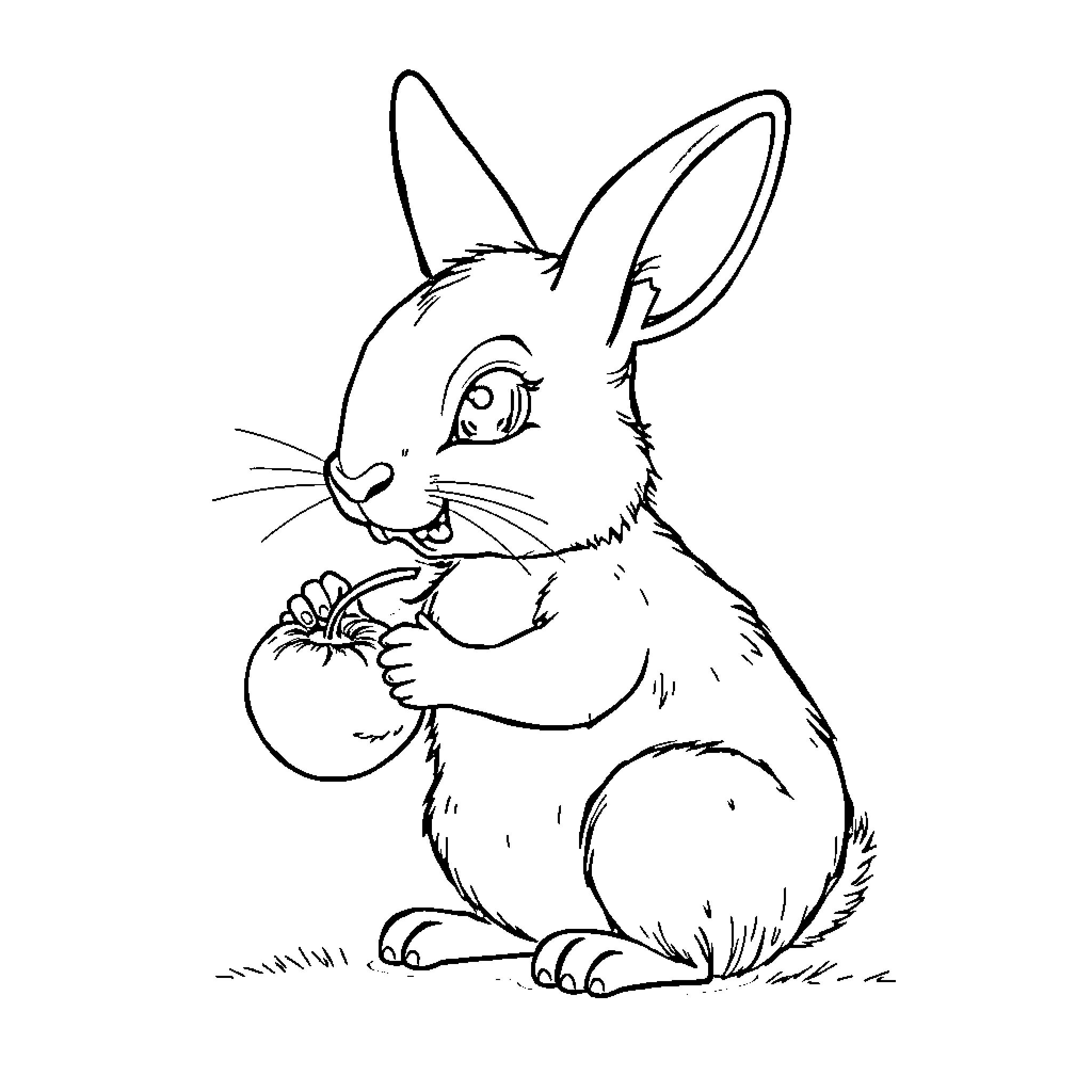 Rabbit Enjoying a Snack in the Grass Coloring Page (free black-and-white line drawing printable PDF for all, from beginners to advanced learners, including children, teens, adults, and seniors)