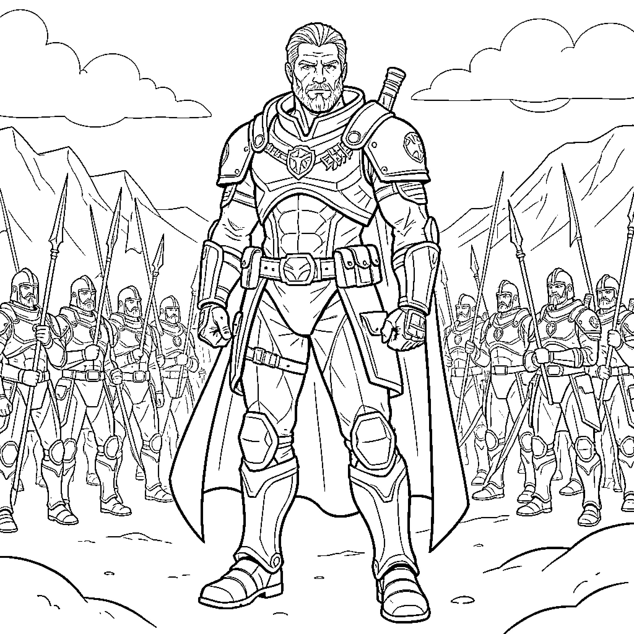Commander Farsight leading a group of armored warriors Coloring Page (free black-and-white line drawing printable PDF for all, from beginners to advanced learners, including children, teens, adults, and seniors)