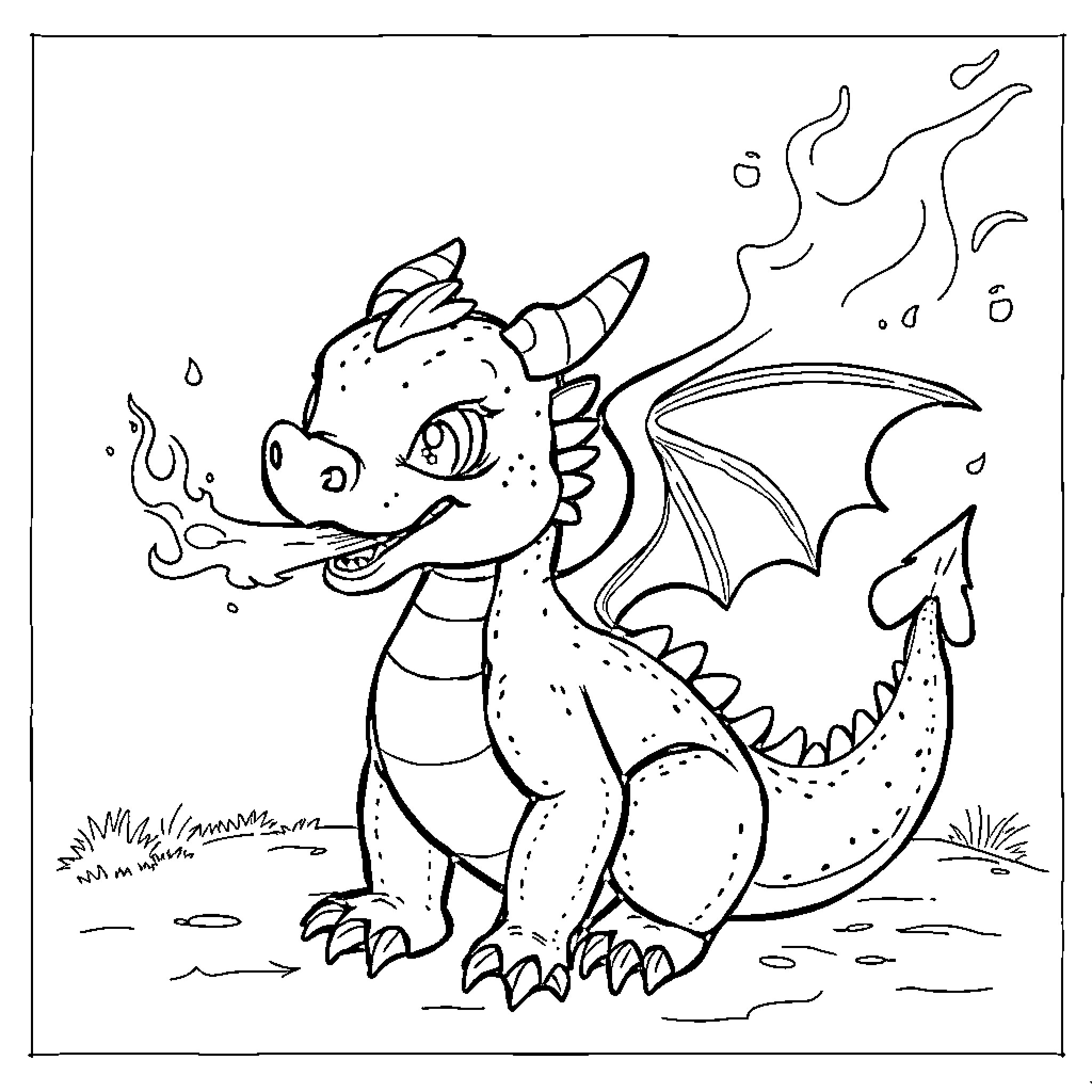 Dragon playing happily in the field Coloring Page (free black-and-white line drawing printable PDF for all, from beginners to advanced learners, including children, teens, adults, and seniors)
