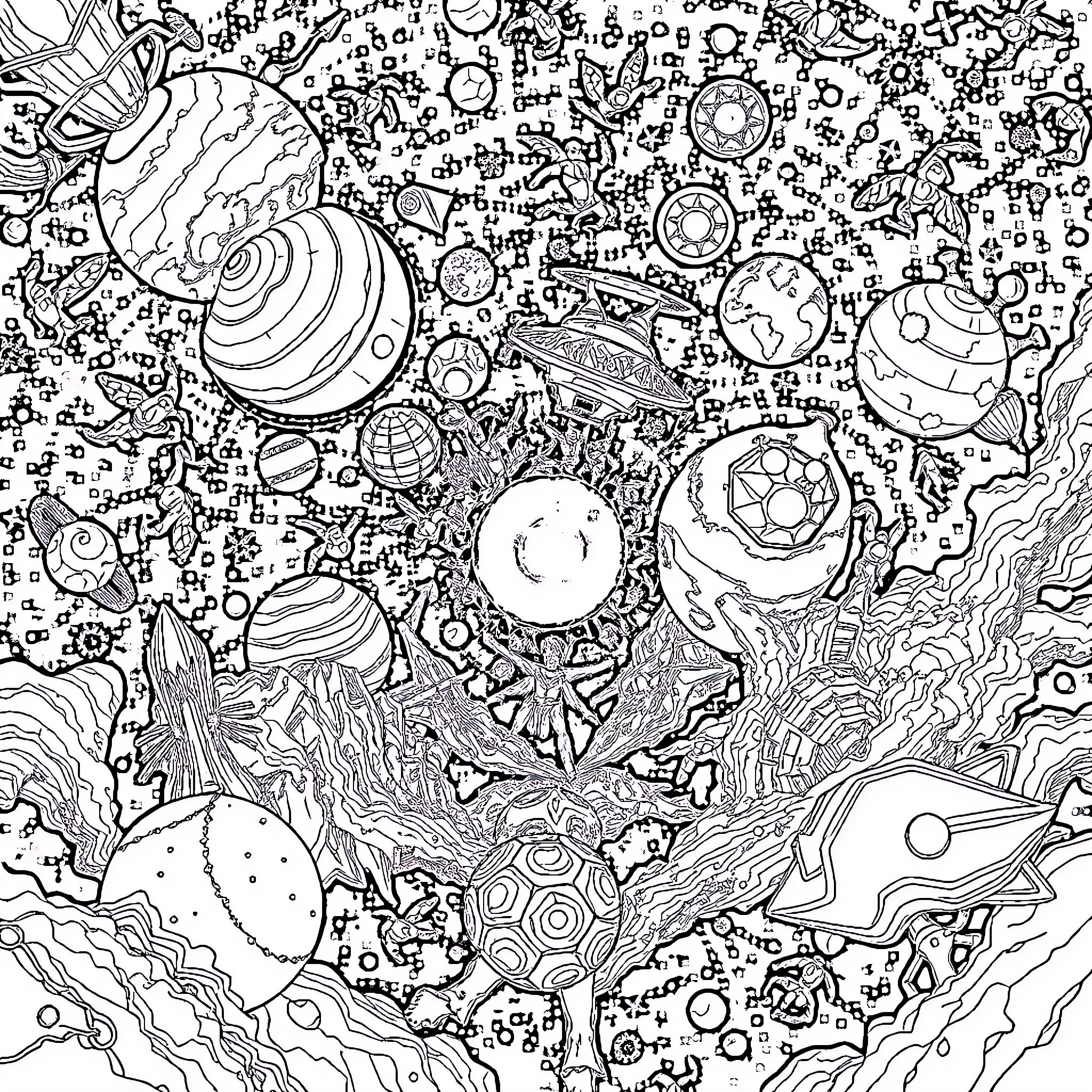 Omniverse: Cosmic Chaos and Celestial Wonders Coloring Page (free black-and-white line drawing printable PDF for all, from beginners to advanced learners, including children, teens, adults, and seniors)