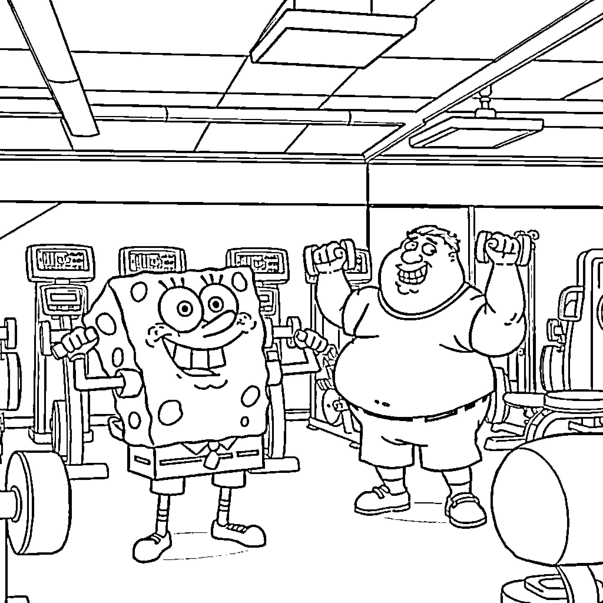 Spongebob and Patrick exercise at the gym Coloring Page (free black-and-white line drawing printable PDF for all, from beginners to advanced learners, including children, teens, adults, and seniors)