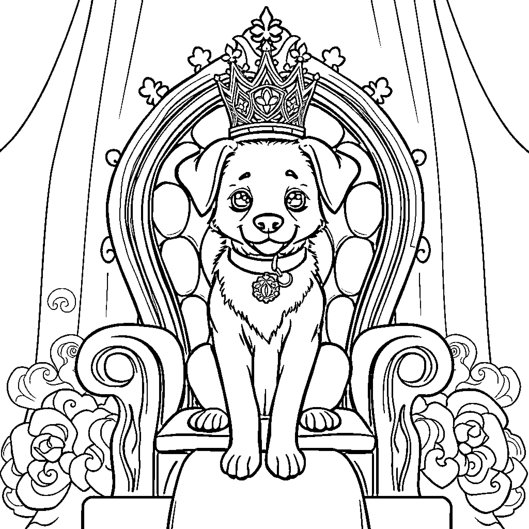 Dog sitting on a royal throne wearing a crown Coloring Page (free black-and-white line drawing printable PDF for all, from beginners to advanced learners, including children, teens, adults, and seniors)