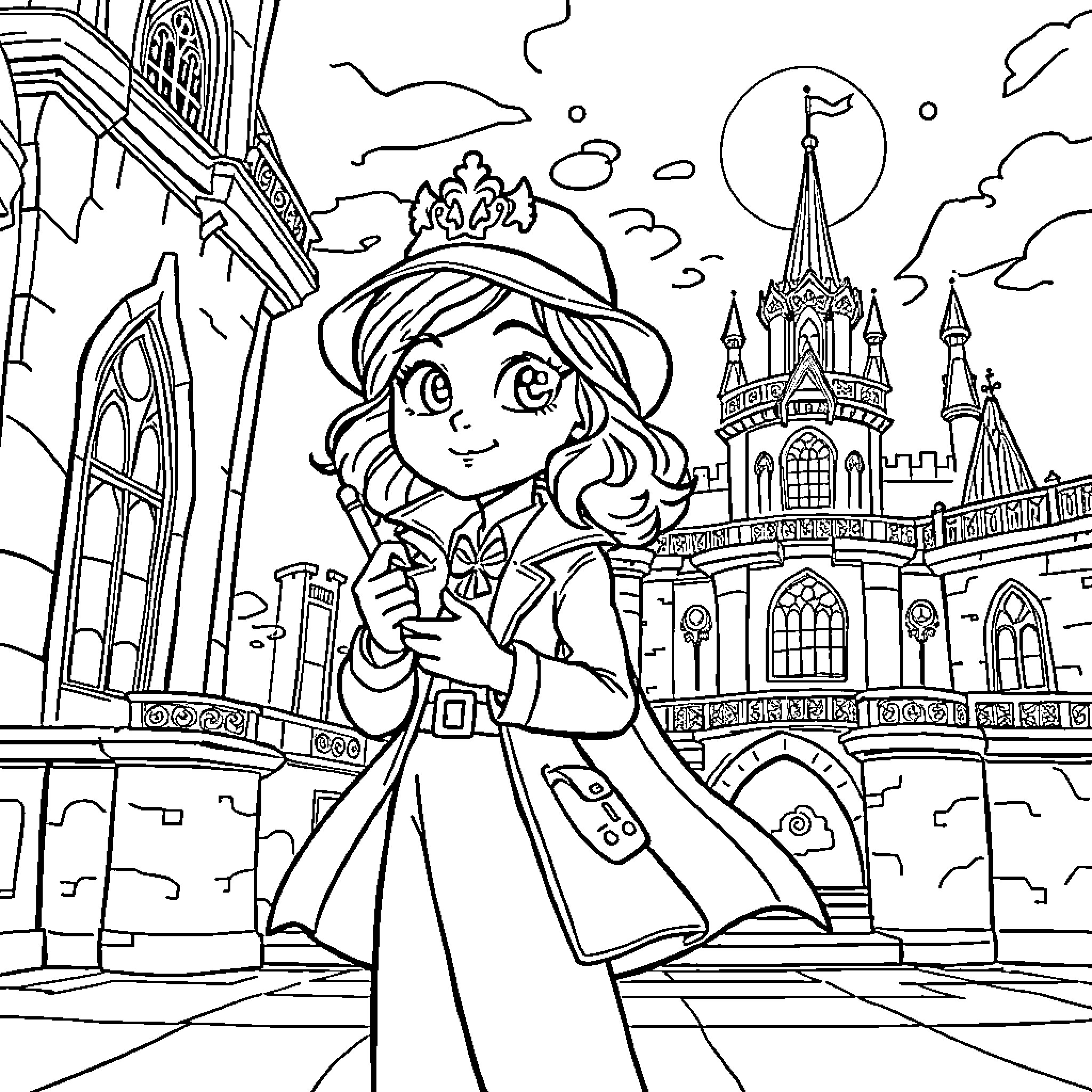 Mira's Stroll Through the Enchanting City Coloring Page (free black-and-white line drawing printable PDF for all, from beginners to advanced learners, including children, teens, adults, and seniors)