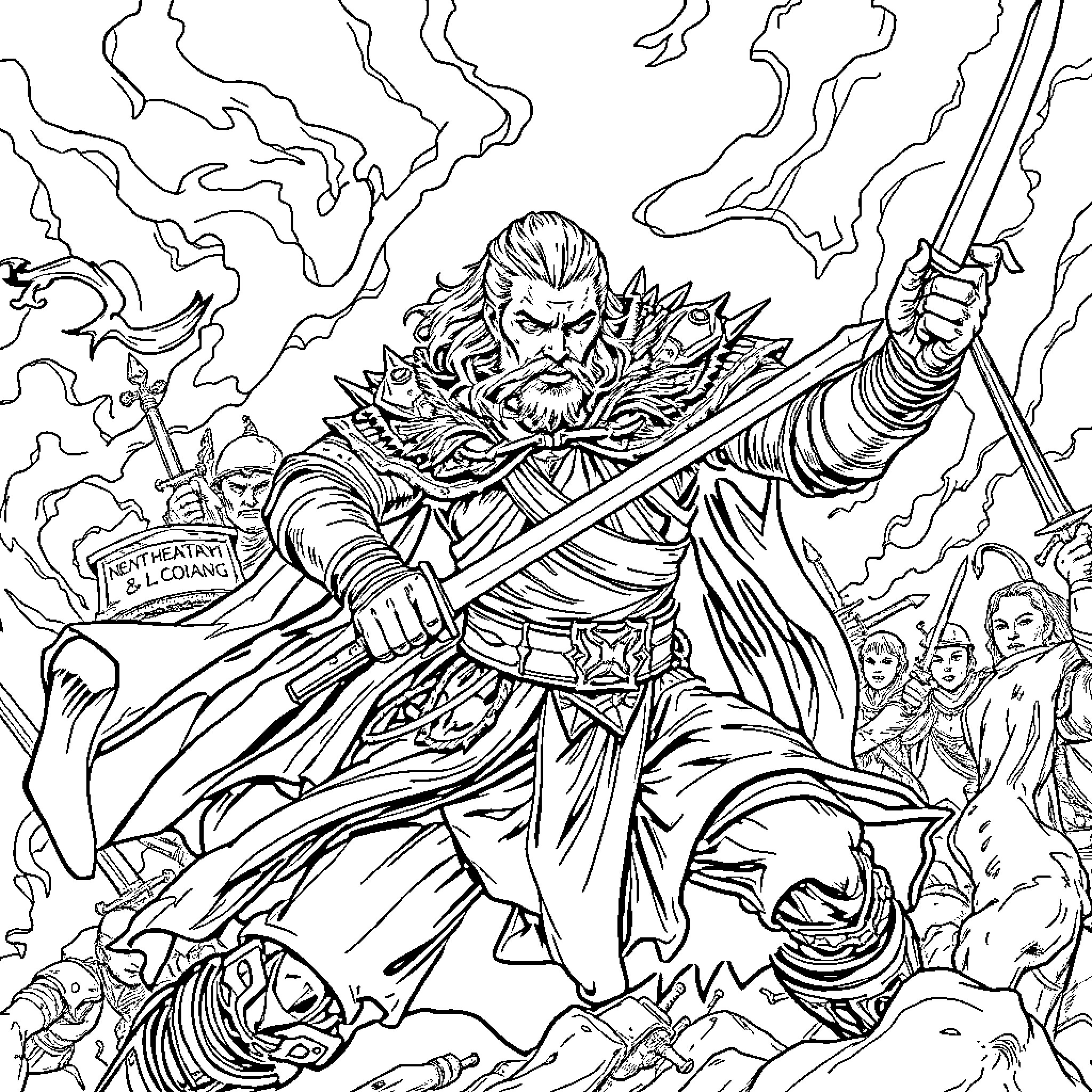 Daemon Targaryen leading a fierce charge into battle Coloring Page (free black-and-white line drawing printable PDF for all, from beginners to advanced learners, including children, teens, adults, and seniors)