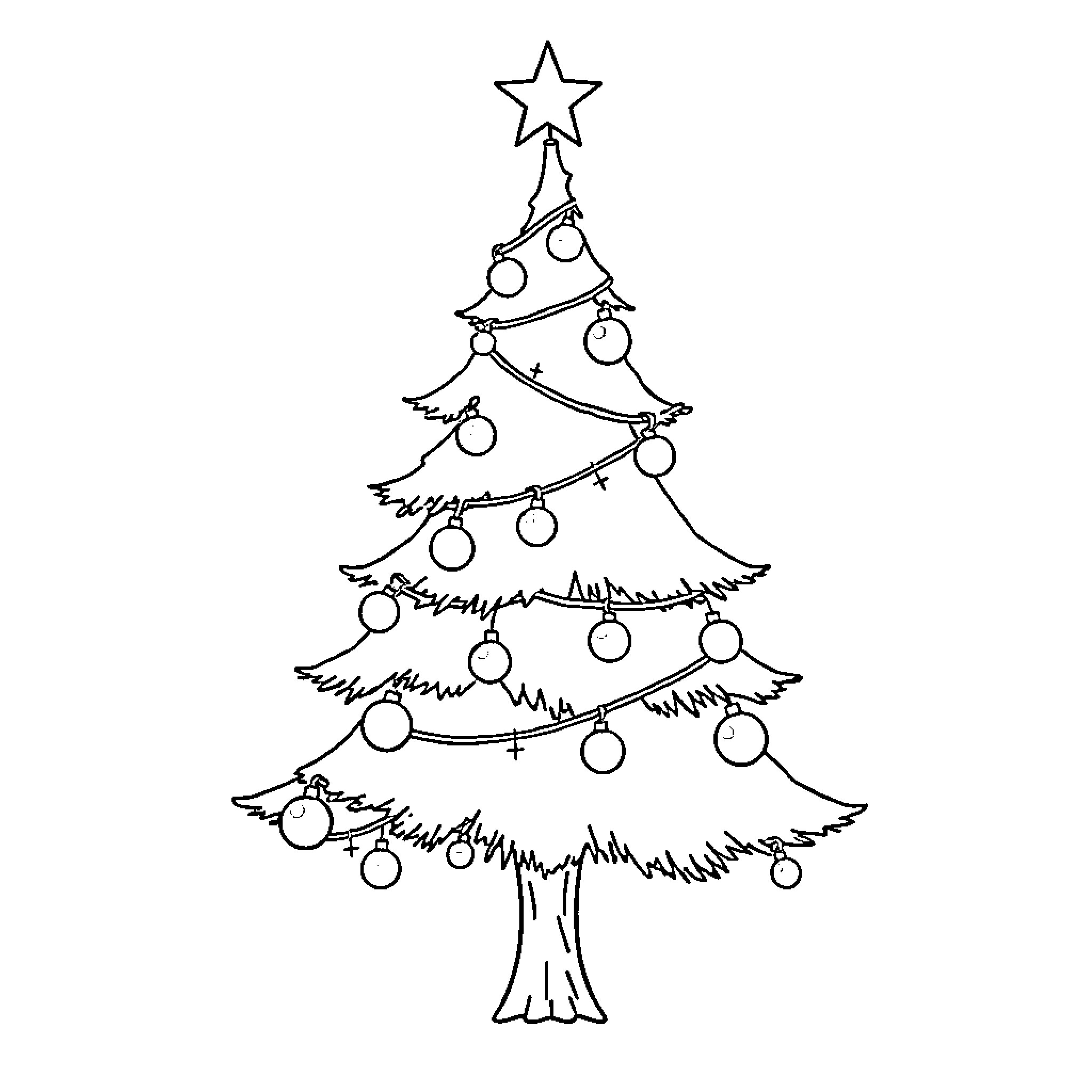 Christmas Tree with Ornaments and Star Coloring Page (free black-and-white line drawing printable PDF for all, from beginners to advanced learners, including children, teens, adults, and seniors)
