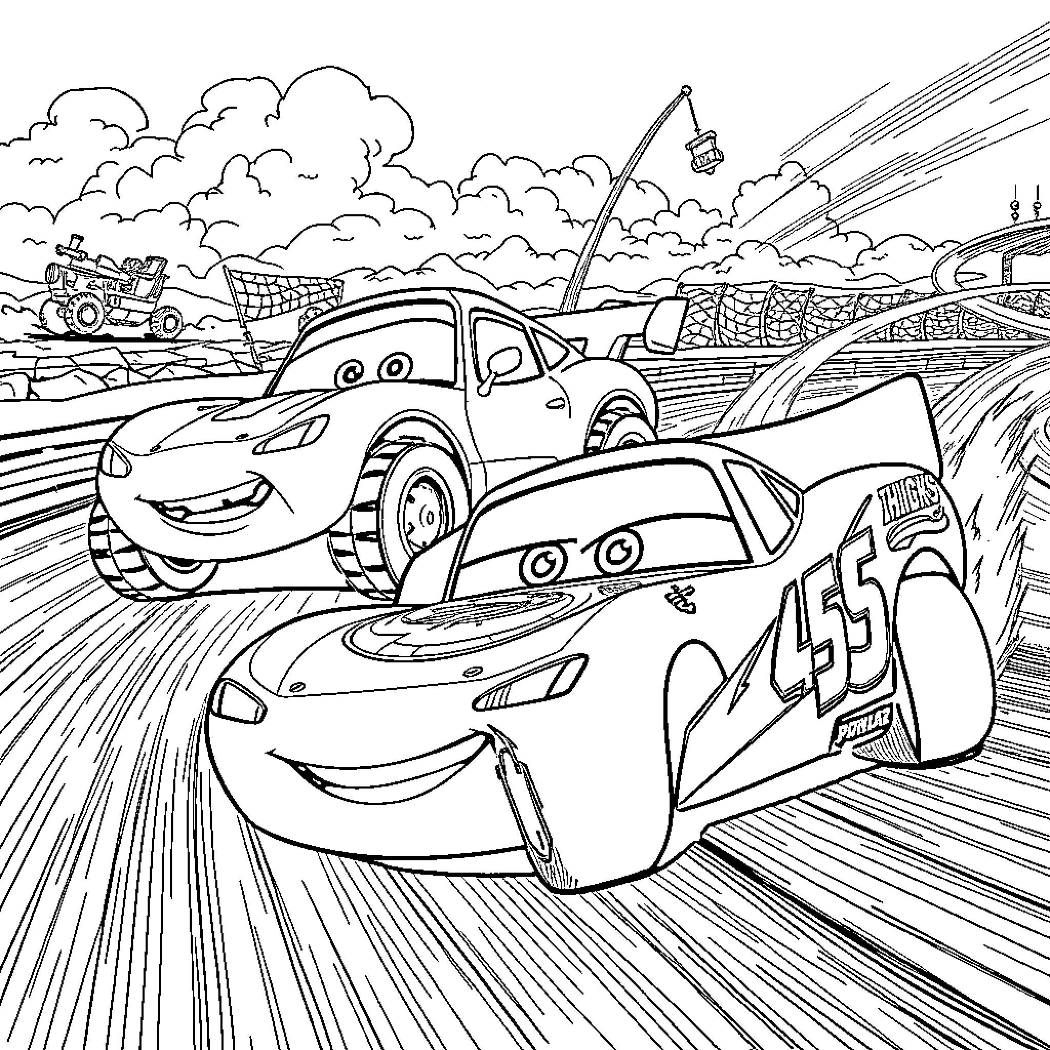 Flash McQueen's Racing Adventure Coloring Page (free black-and-white line drawing printable PDF for all, from beginners to advanced learners, including children, teens, adults, and seniors)