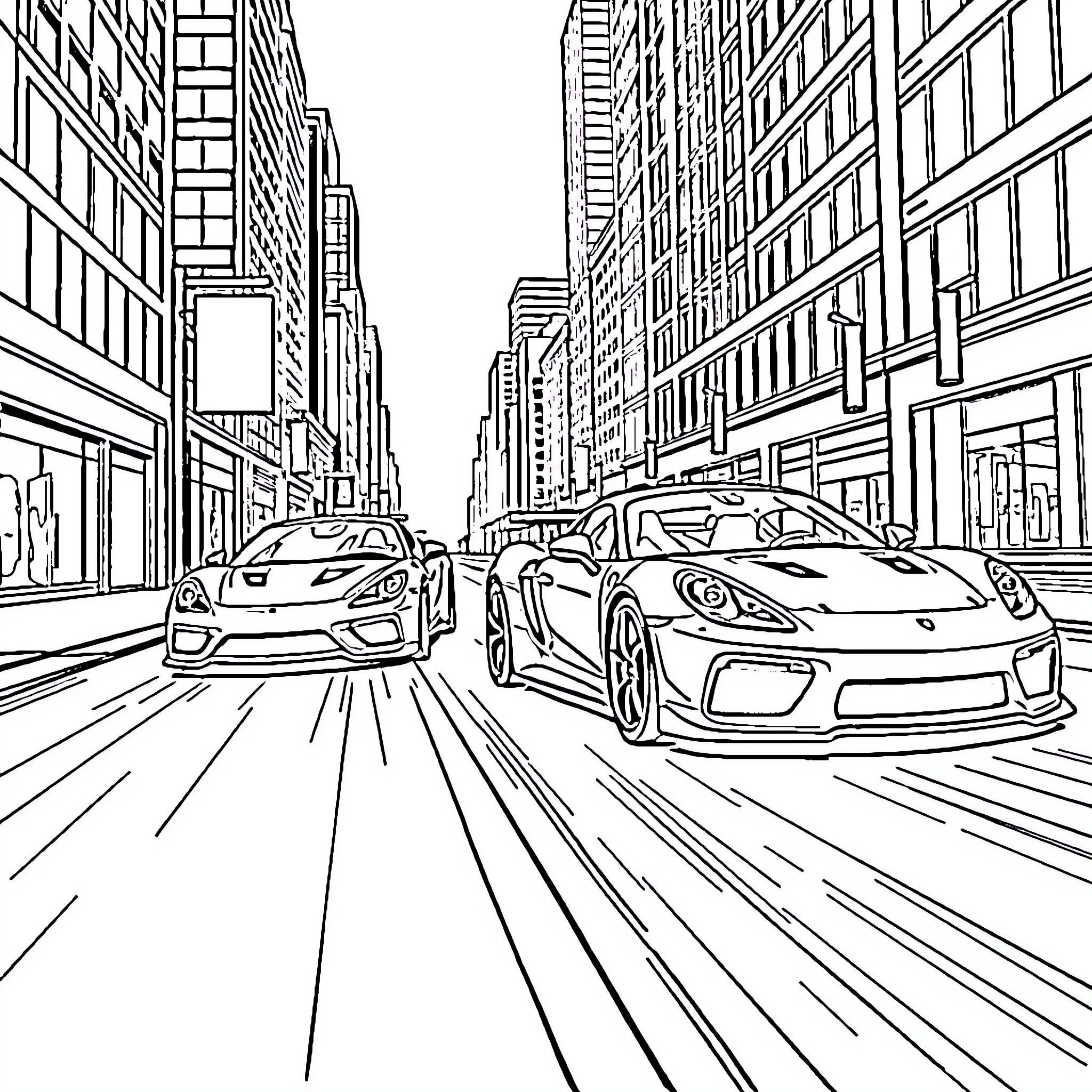 Sport Cars Speeding Through the City Streets Coloring Page (free black-and-white line drawing printable PDF for all, from beginners to advanced learners, including children, teens, adults, and seniors)