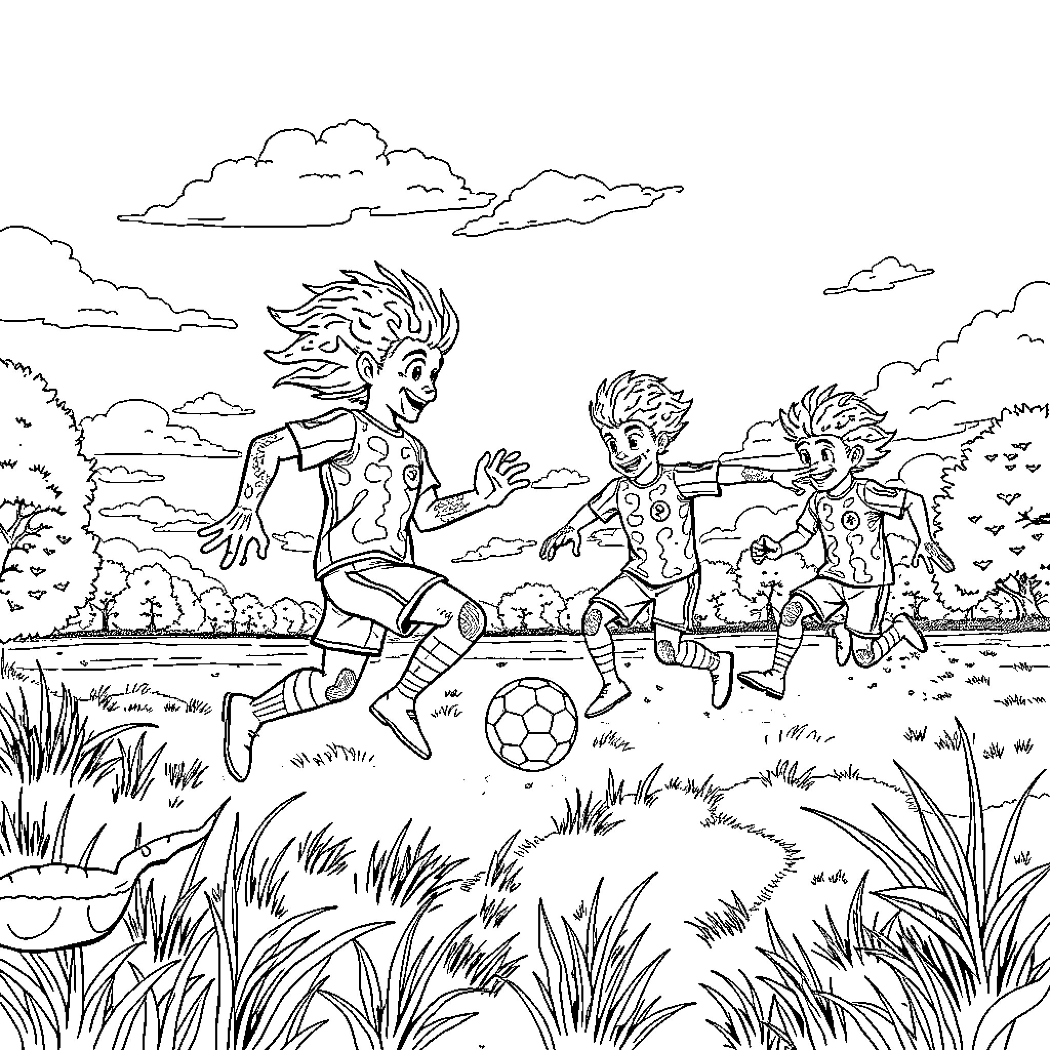 Brainrot kids playing soccer in the park Coloring Page (free black-and-white line drawing printable PDF for all, from beginners to advanced learners, including children, teens, adults, and seniors)