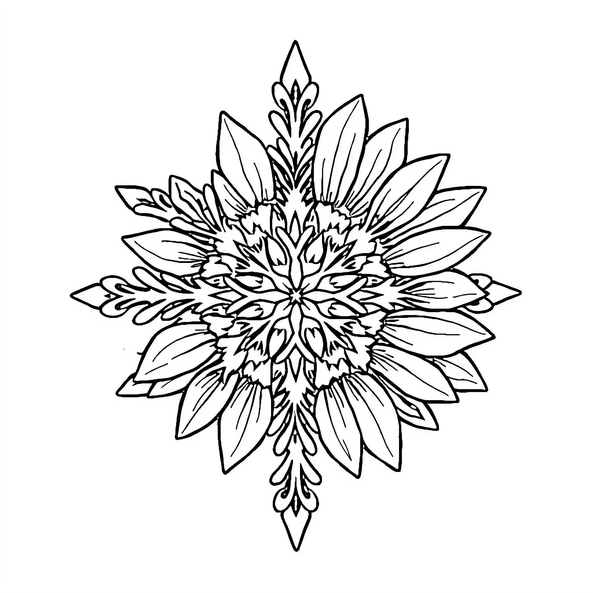 Snowflake-like abstract floral design Coloring Page (free black-and-white line drawing printable PDF for all, from beginners to advanced learners, including children, teens, adults, and seniors)