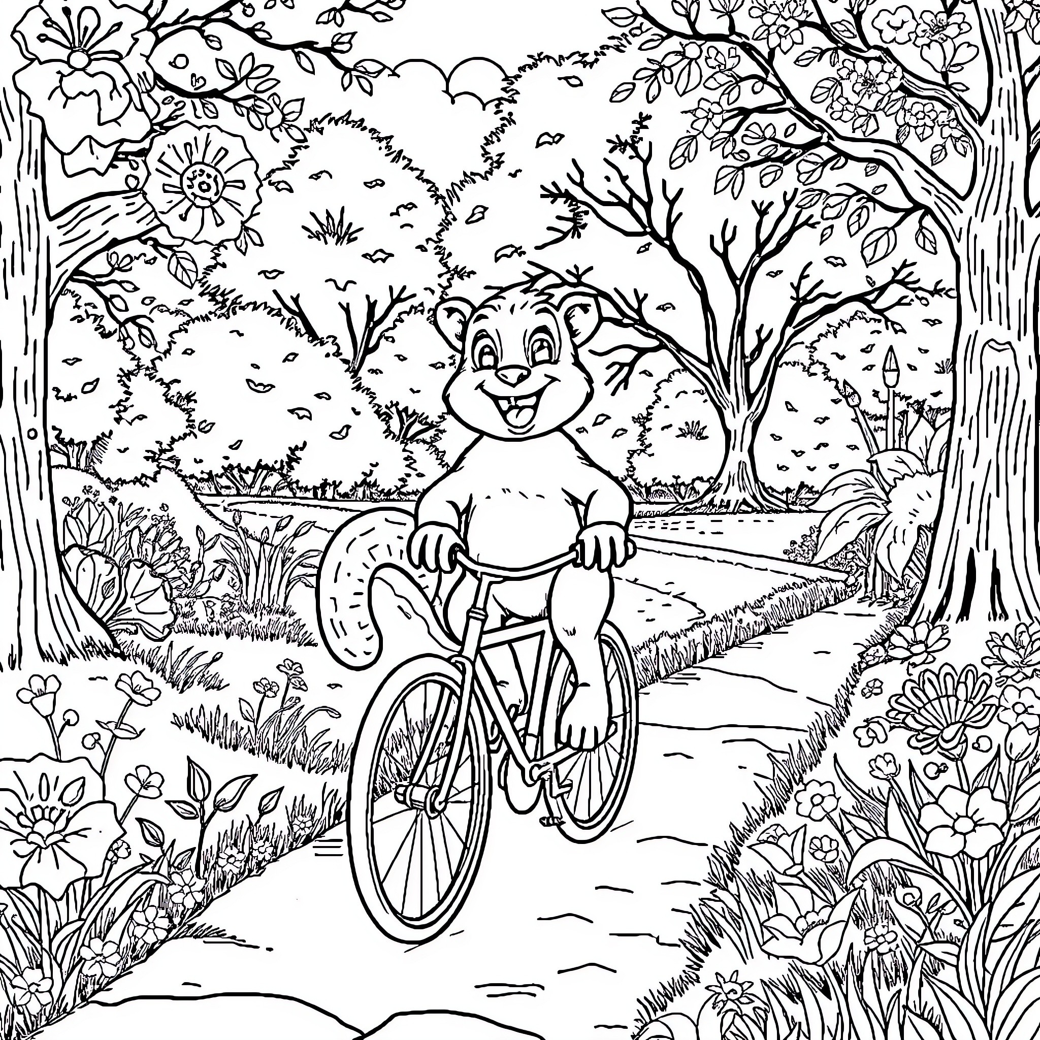 Single Playful Bear Riding Bicycle in Floral Landscape Coloring Page (free black-and-white line drawing printable PDF for all, from beginners to advanced learners, including children, teens, adults, and seniors)