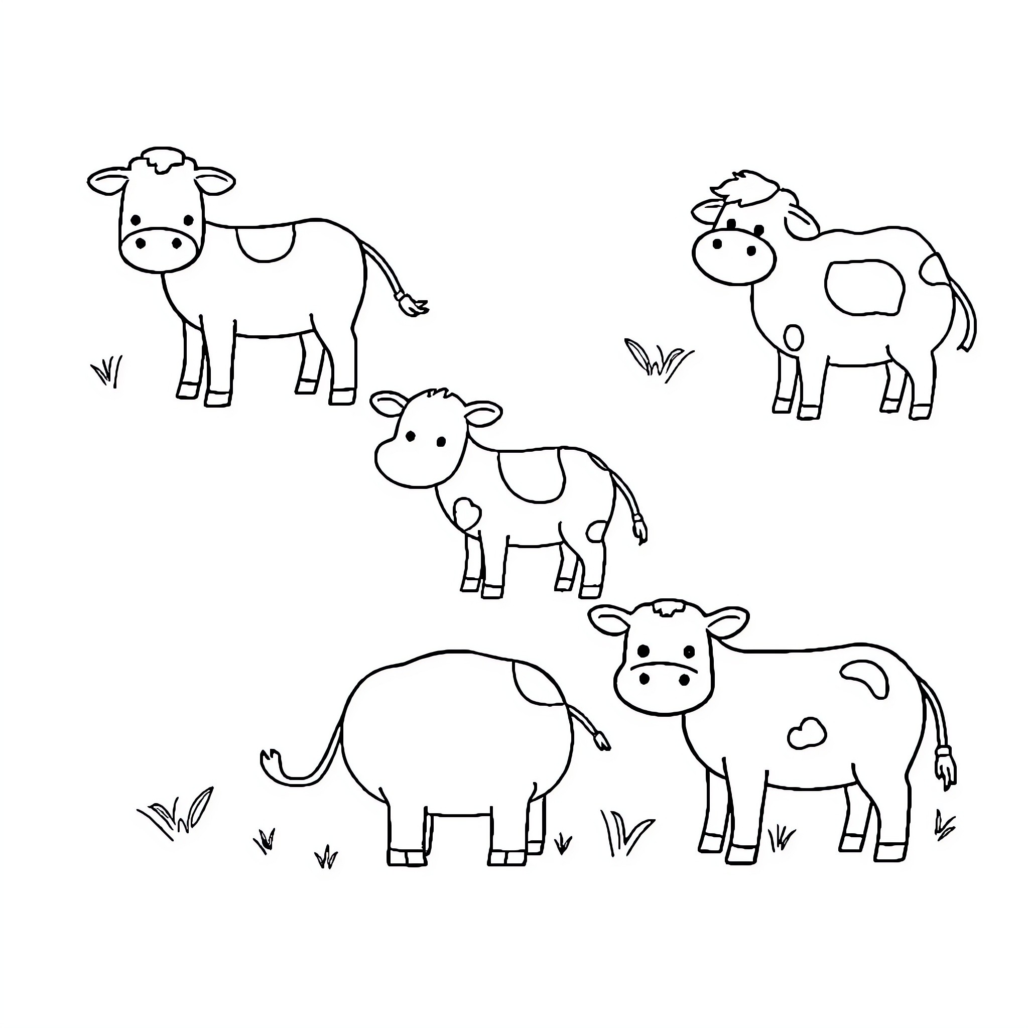 Farm Animals in Playful Poses Coloring Page (free black-and-white line drawing printable PDF for all, from beginners to advanced learners, including children, teens, adults, and seniors)