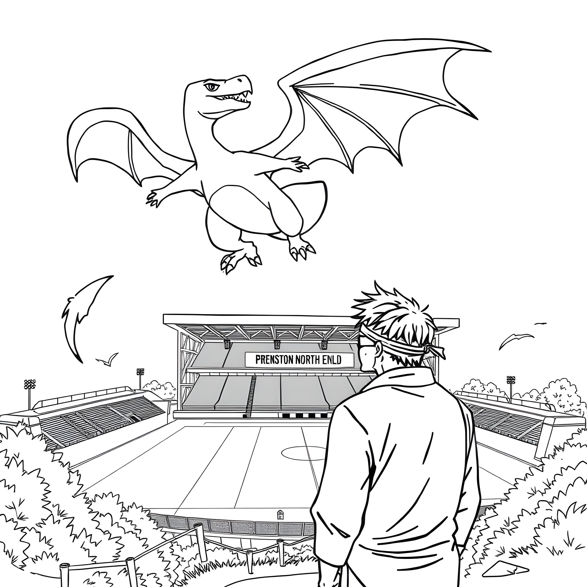 Charizard soaring over a train station Coloring Page (free black-and-white line drawing printable PDF for all, from beginners to advanced learners, including children, teens, adults, and seniors)