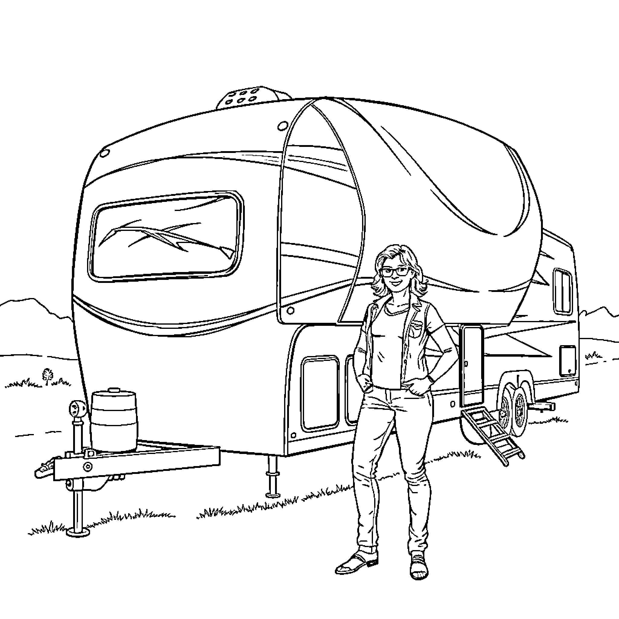 Fifth Wheel Camping Adventure with a Smiling Camper Coloring Page (free black-and-white line drawing printable PDF for all, from beginners to advanced learners, including children, teens, adults, and seniors)