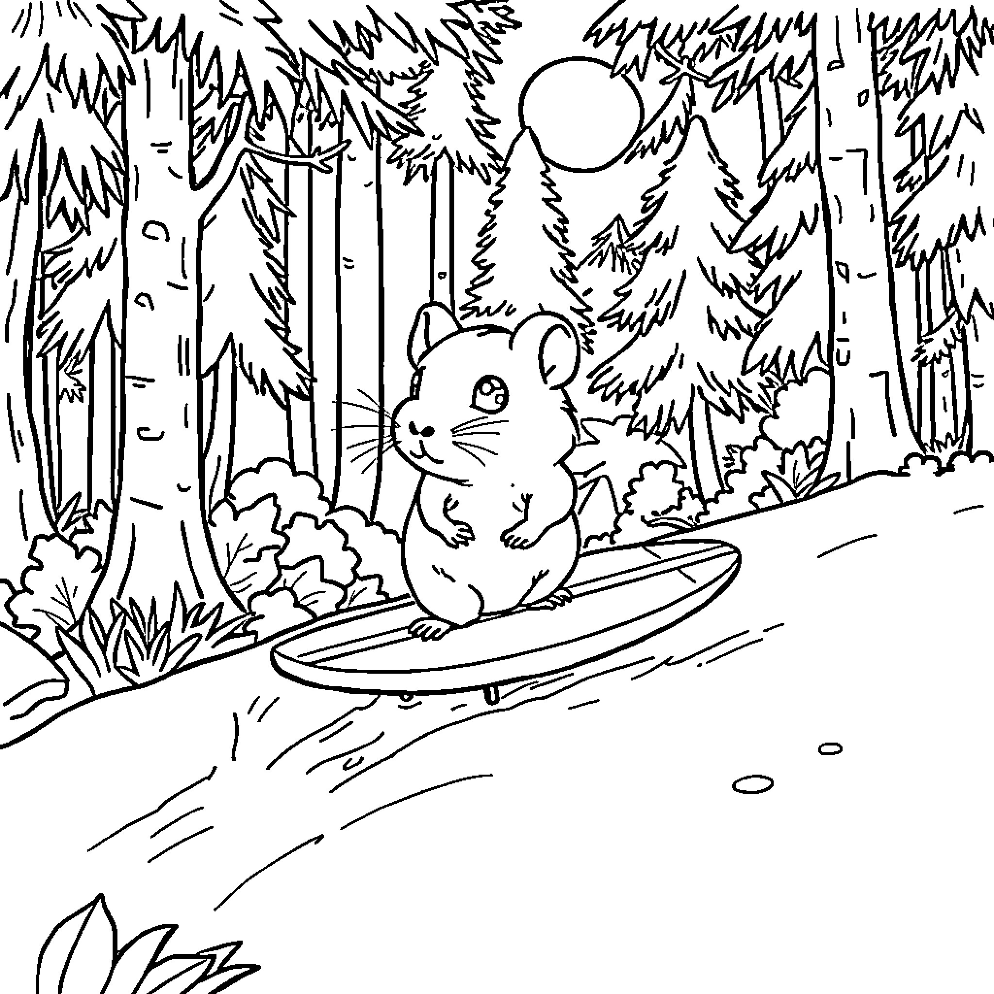 Gerbil sledding through winter forest Coloring Page (free black-and-white line drawing printable PDF for all, from beginners to advanced learners, including children, teens, adults, and seniors)