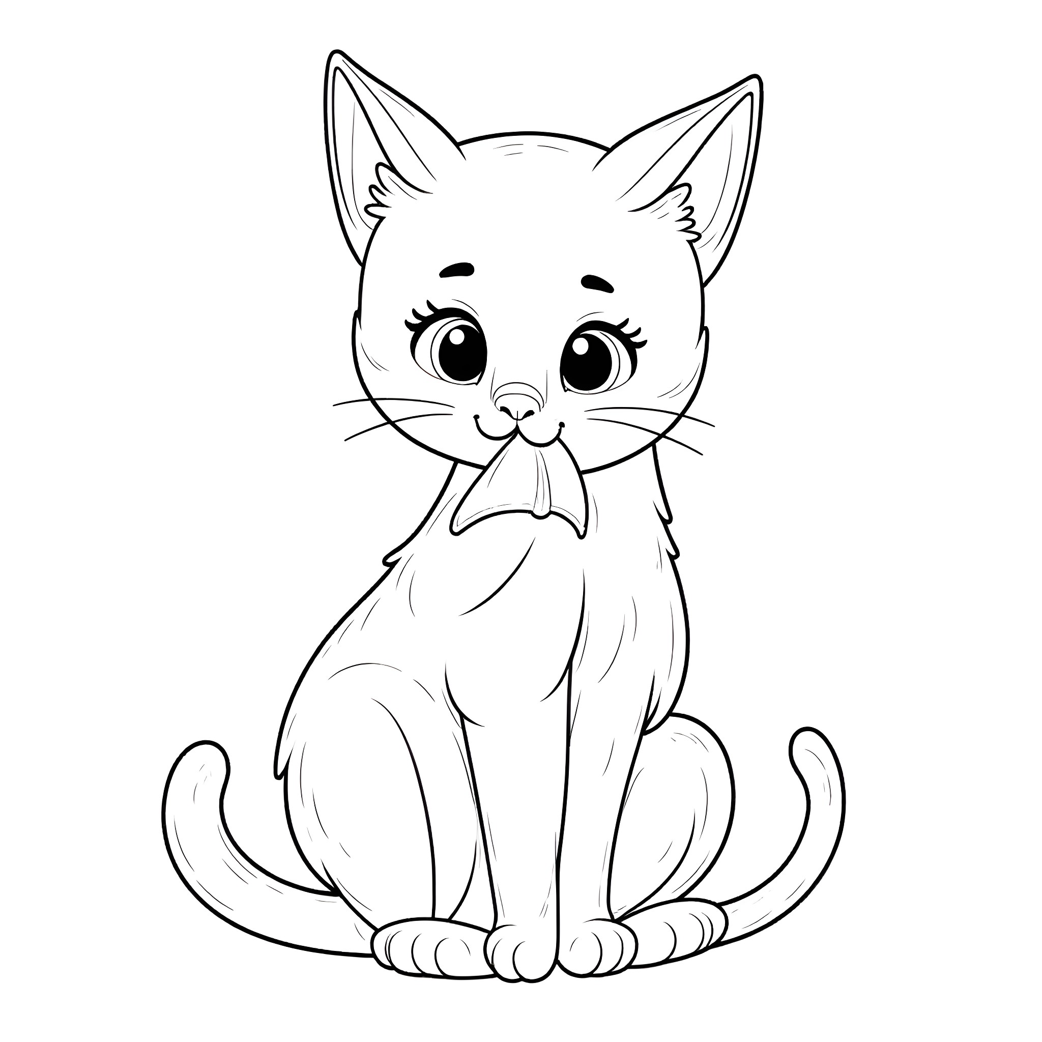Cat sitting with curious expression Coloring Page (free black-and-white line drawing printable PDF for all, from beginners to advanced learners, including children, teens, adults, and seniors)
