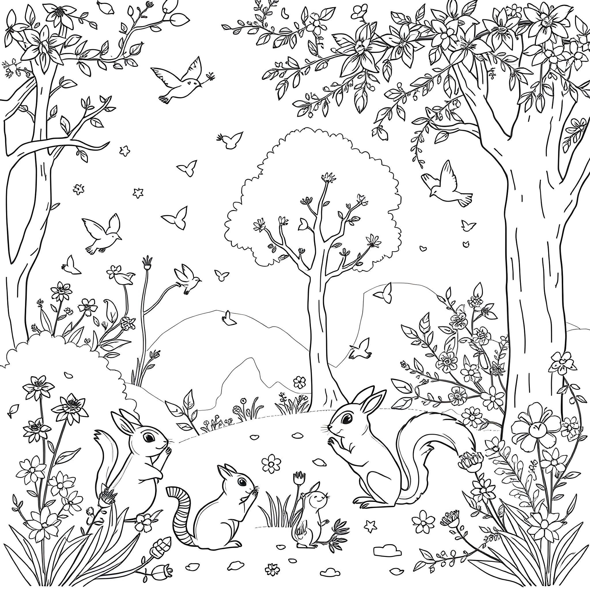 Nature's Whimsical Woodland Scene Coloring Page (free black-and-white line drawing printable PDF for all, from beginners to advanced learners, including children, teens, adults, and seniors)