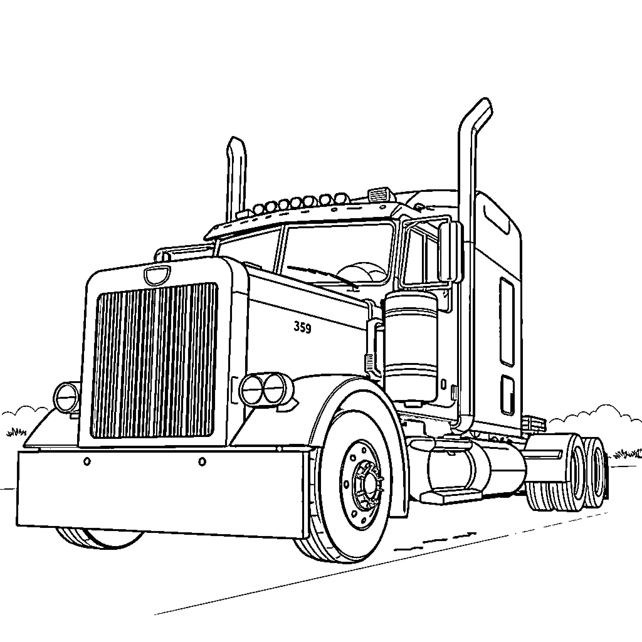 Peterbilt semi-truck in motion on the road Coloring Page (free black-and-white line drawing printable PDF for all, from beginners to advanced learners, including children, teens, adults, and seniors)