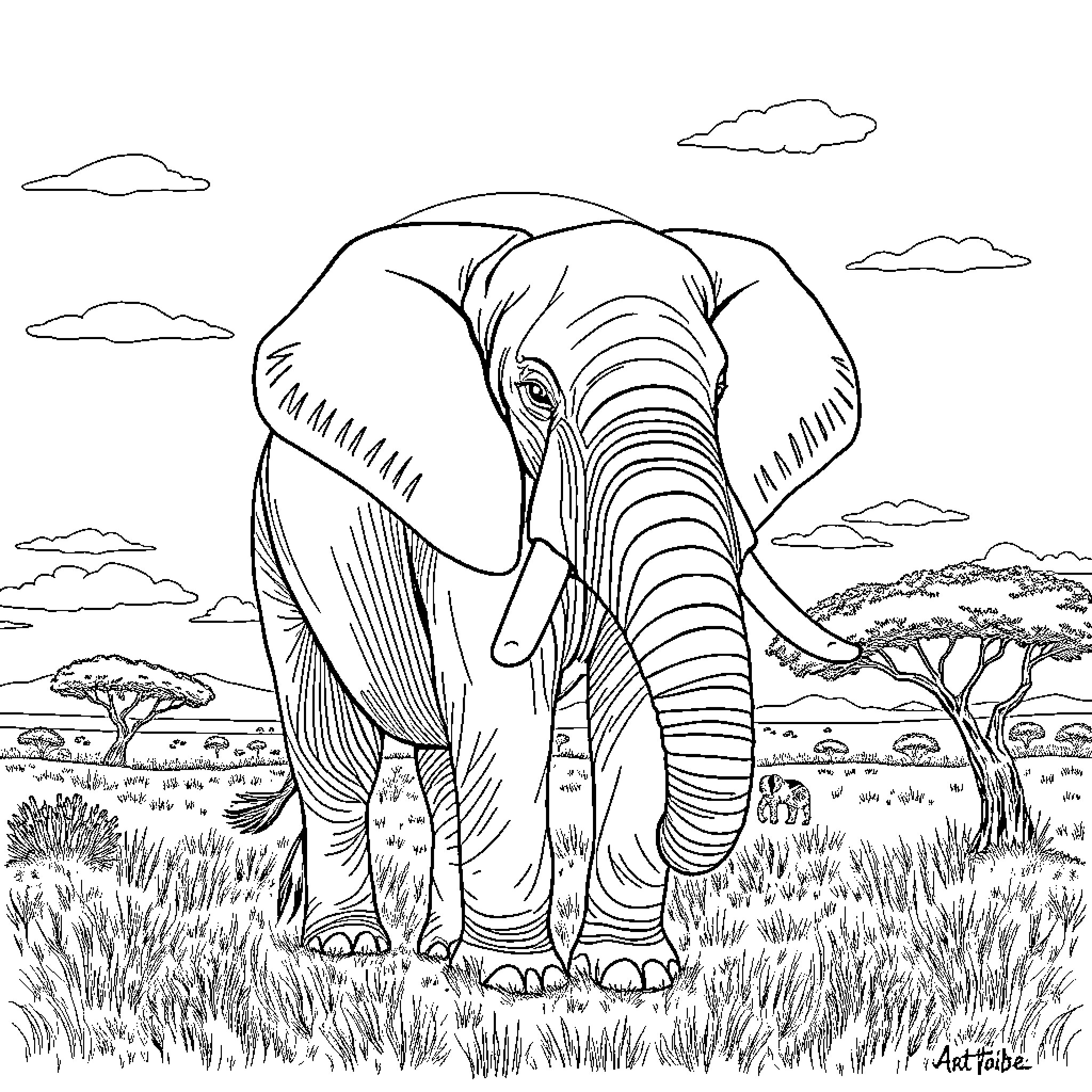 Elephant standing in the savanna Coloring Page (free black-and-white line drawing printable PDF for all, from beginners to advanced learners, including children, teens, adults, and seniors)