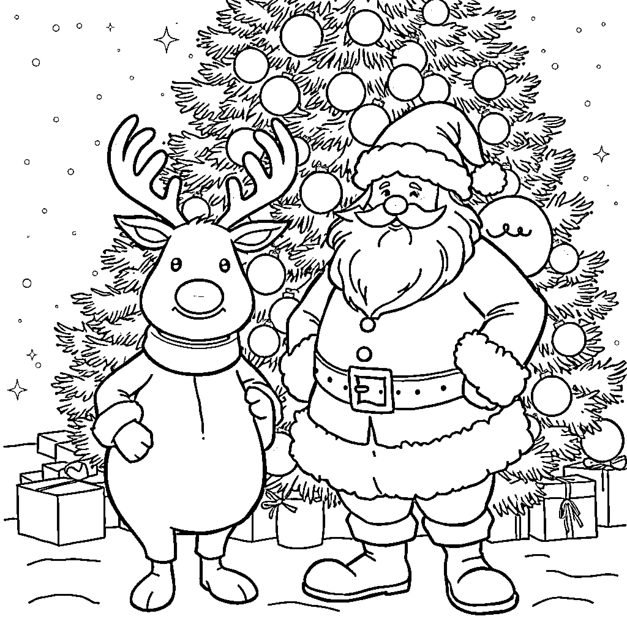 Santa and Reindeer Celebrating Christmas Coloring Page (free black-and-white line drawing printable PDF for all, from beginners to advanced learners, including children, teens, adults, and seniors)