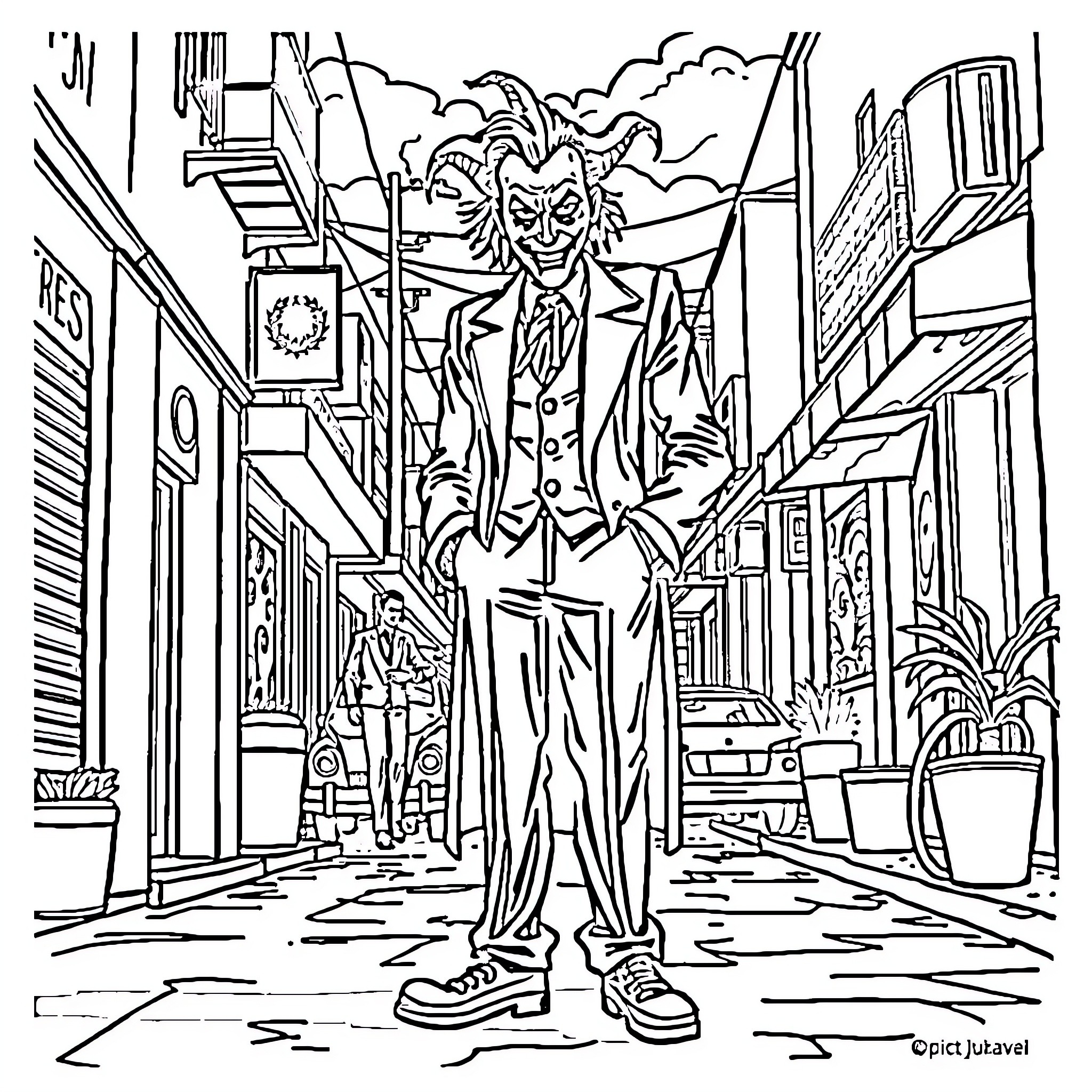 Joker in the Chaotic City Streets Coloring Page (free black-and-white line drawing printable PDF for all, from beginners to advanced learners, including children, teens, adults, and seniors)