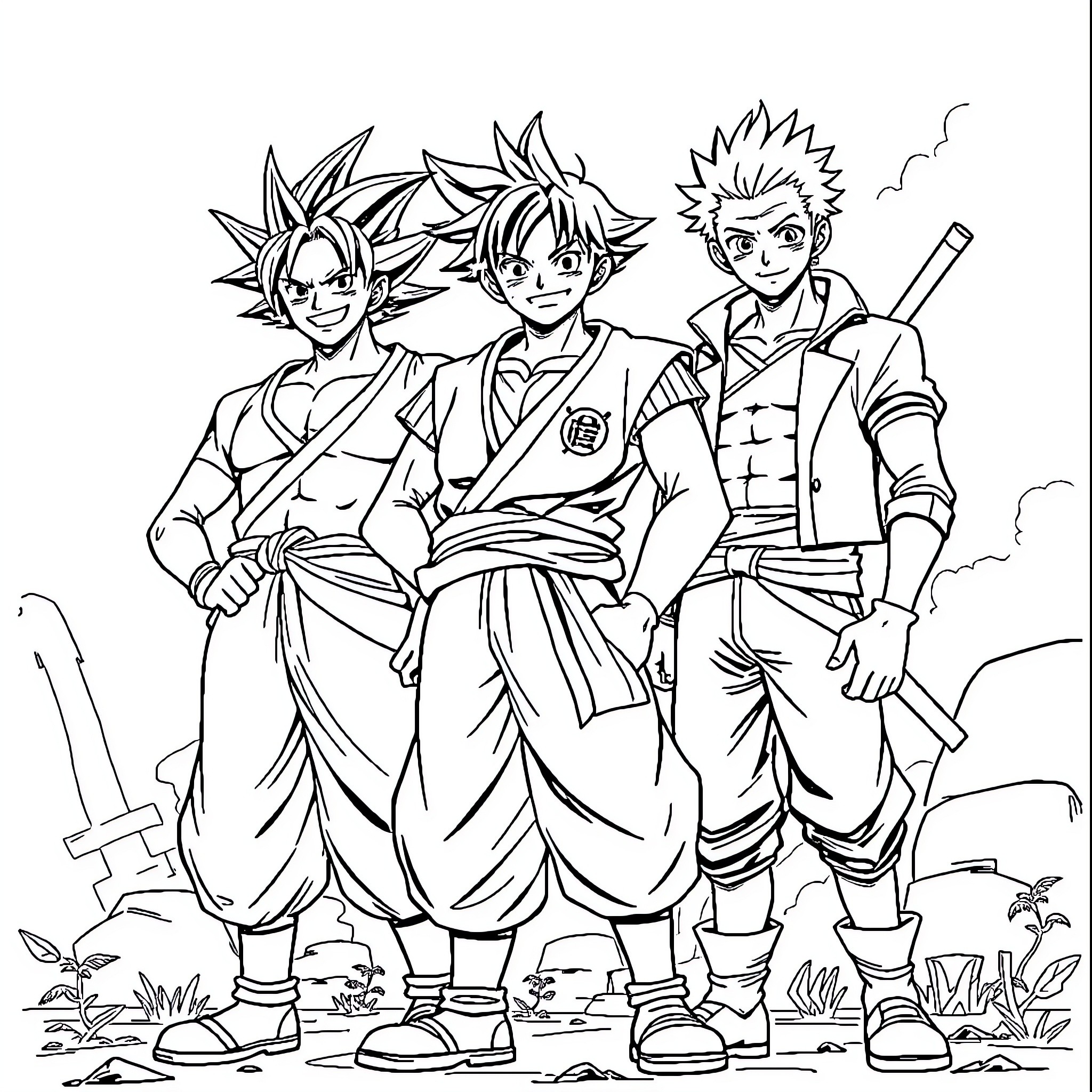 Tanjiro and his companions in an adventurous pose Coloring Page (free black-and-white line drawing printable PDF for all, from beginners to advanced learners, including children, teens, adults, and seniors)