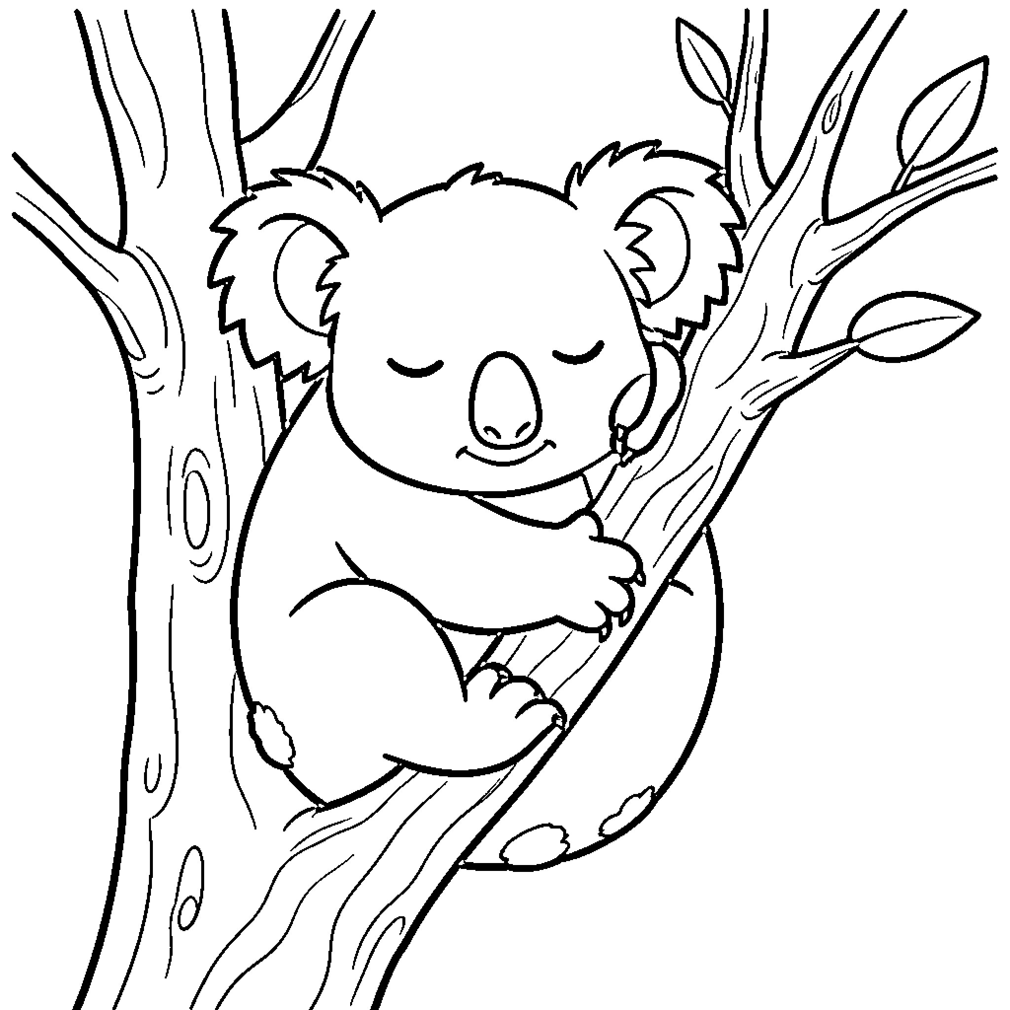 Koala sleeping peacefully on a tree branch Coloring Page (free black-and-white line drawing printable PDF for all, from beginners to advanced learners, including children, teens, adults, and seniors)