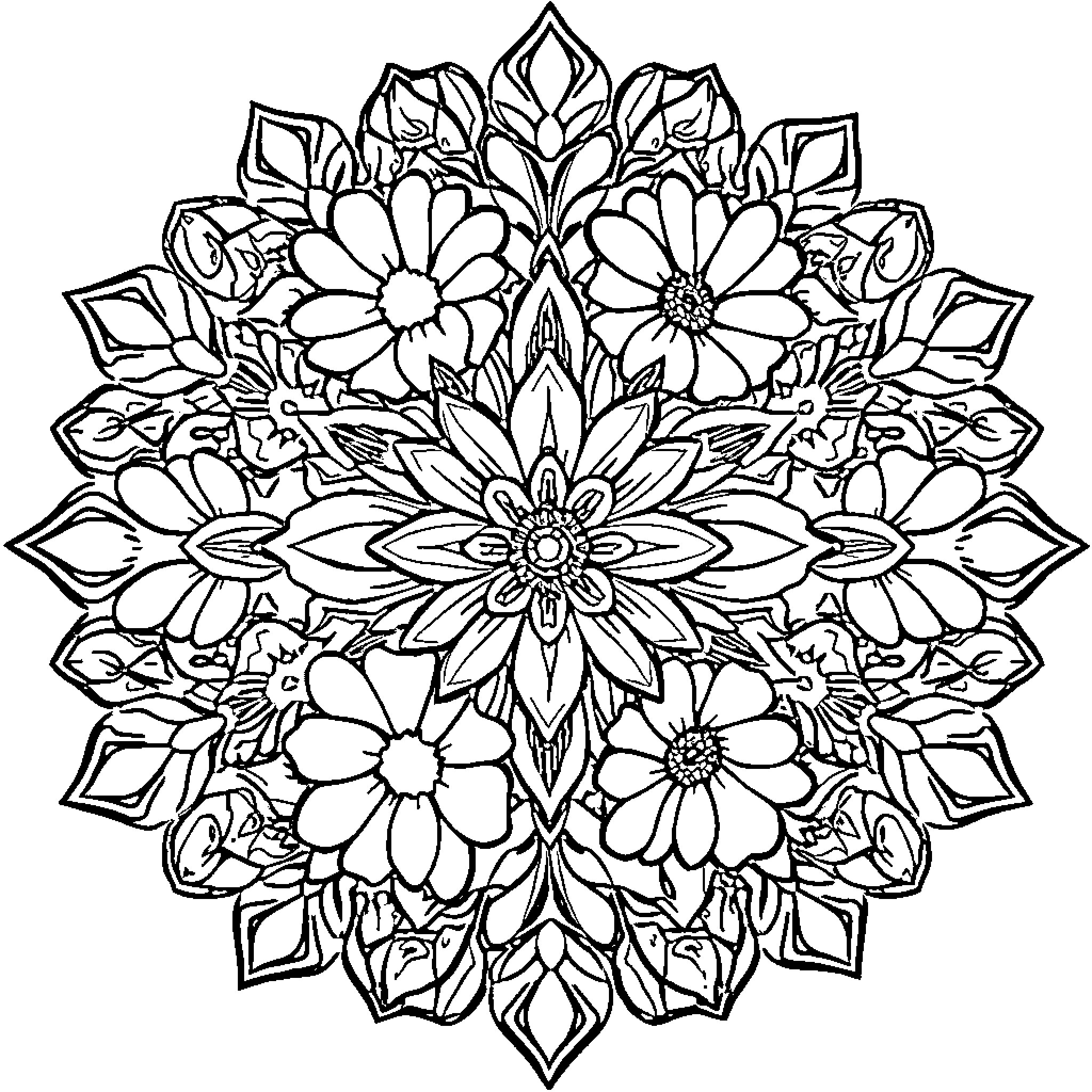 Mandala of Intricate Floral Patterns Coloring Page (free black-and-white line drawing printable PDF for all, from beginners to advanced learners, including children, teens, adults, and seniors)