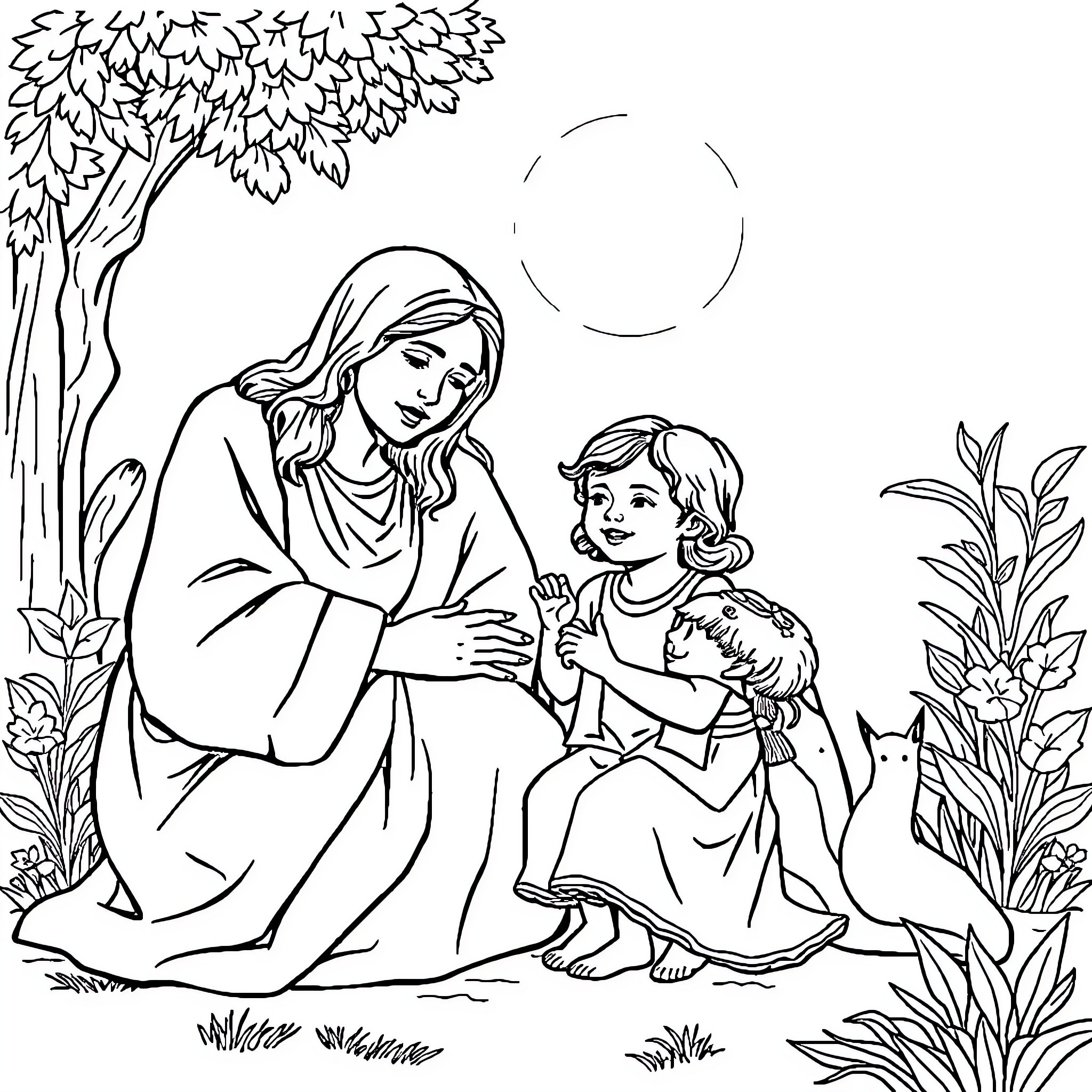 Dios embracing a young child in a tranquil setting Coloring Page (free black-and-white line drawing printable PDF for all, from beginners to advanced learners, including children, teens, adults, and seniors)