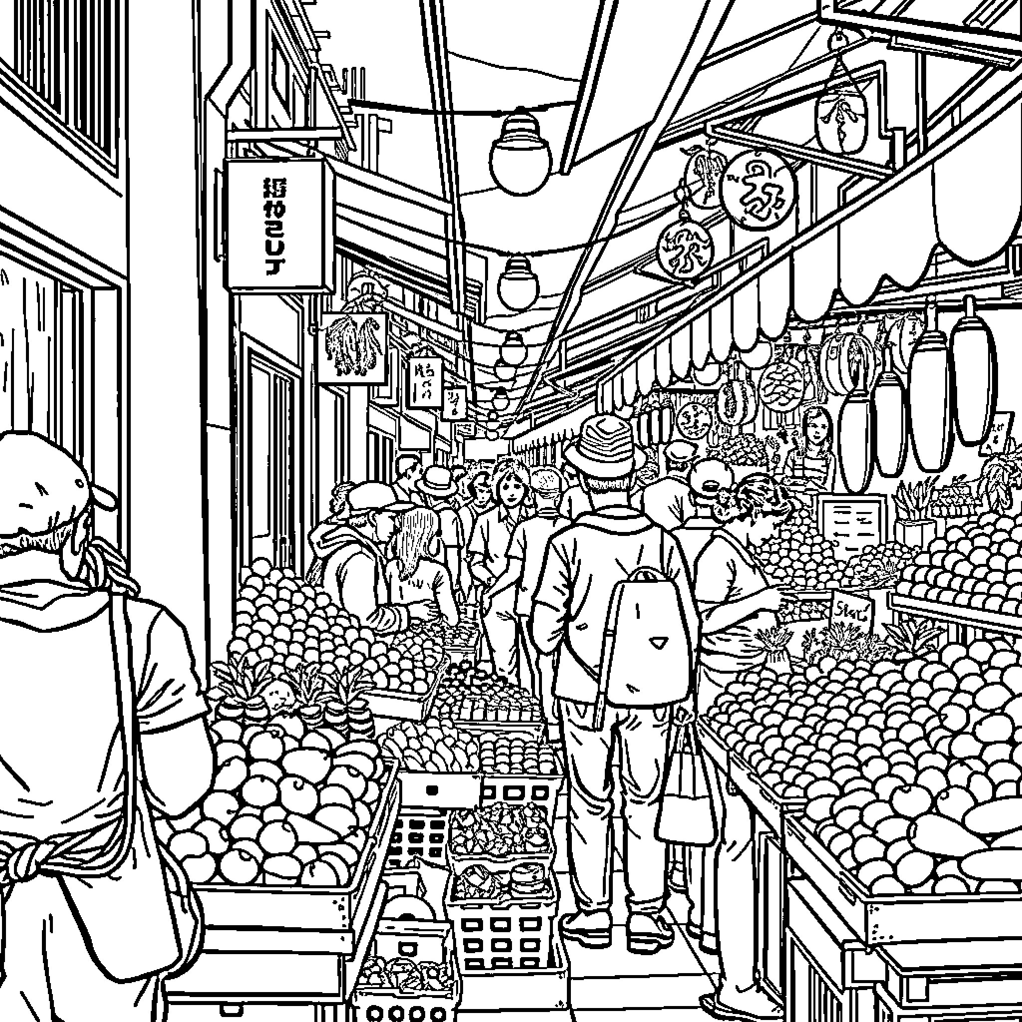 Person navigating through a bustling street market Coloring Page (free black-and-white line drawing printable PDF for all, from beginners to advanced learners, including children, teens, adults, and seniors)
