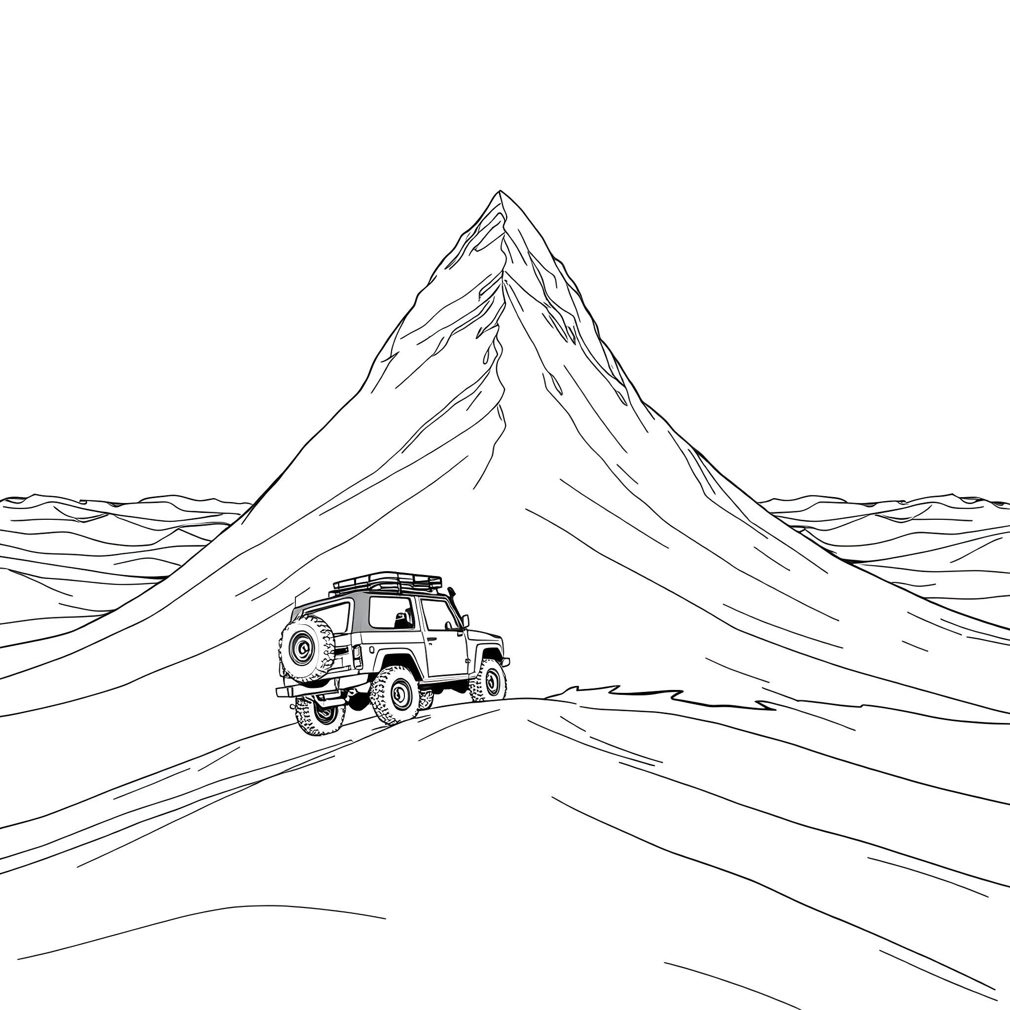 Car exploring rugged mountain terrain Coloring Page (free black-and-white line drawing printable PDF for all, from beginners to advanced learners, including children, teens, adults, and seniors)