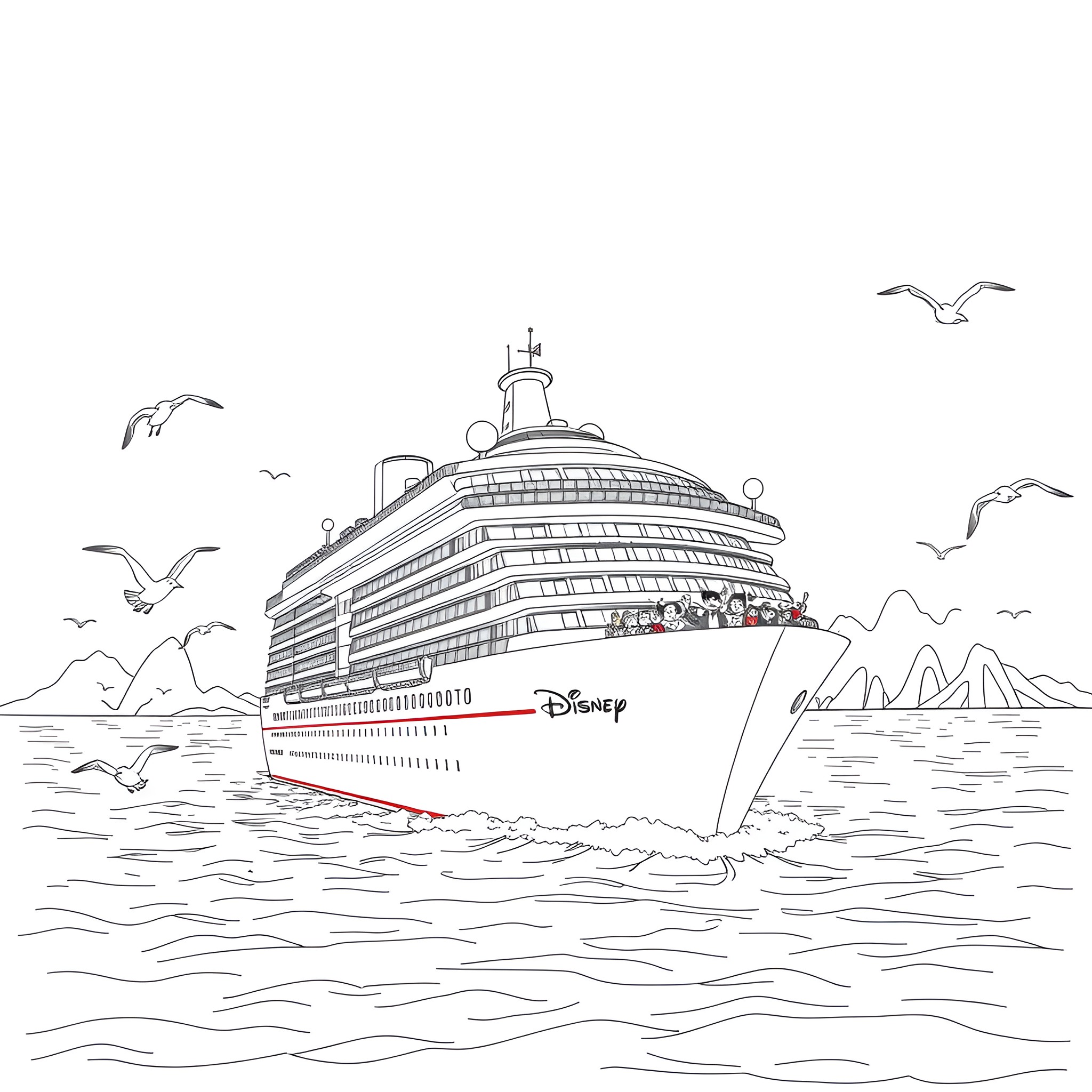 Disney Cruise ship sailing through scenic waters Coloring Page (free black-and-white line drawing printable PDF for all, from beginners to advanced learners, including children, teens, adults, and seniors)