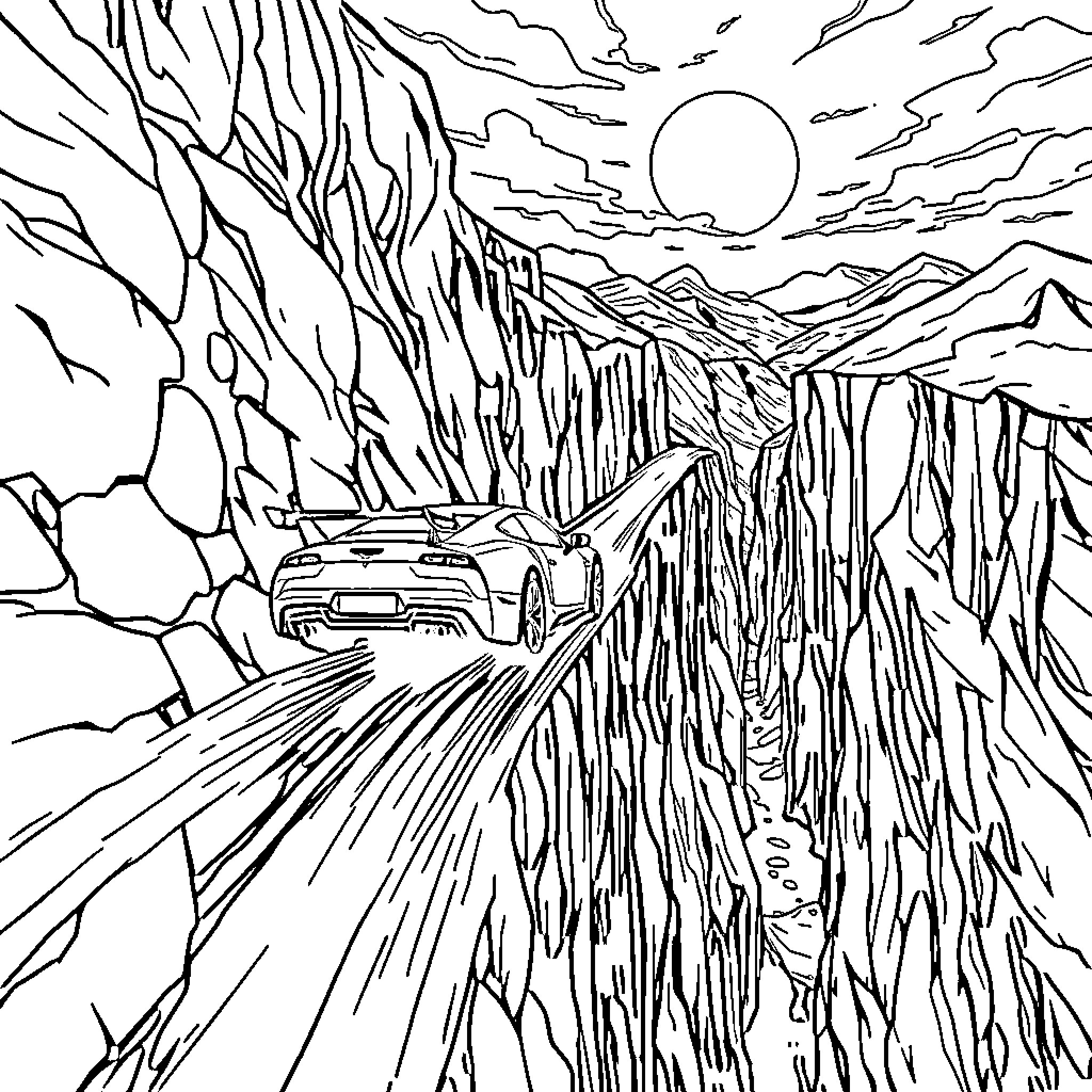 Car speeding through a dramatic mountain landscape Coloring Page (free black-and-white line drawing printable PDF for all, from beginners to advanced learners, including children, teens, adults, and seniors)