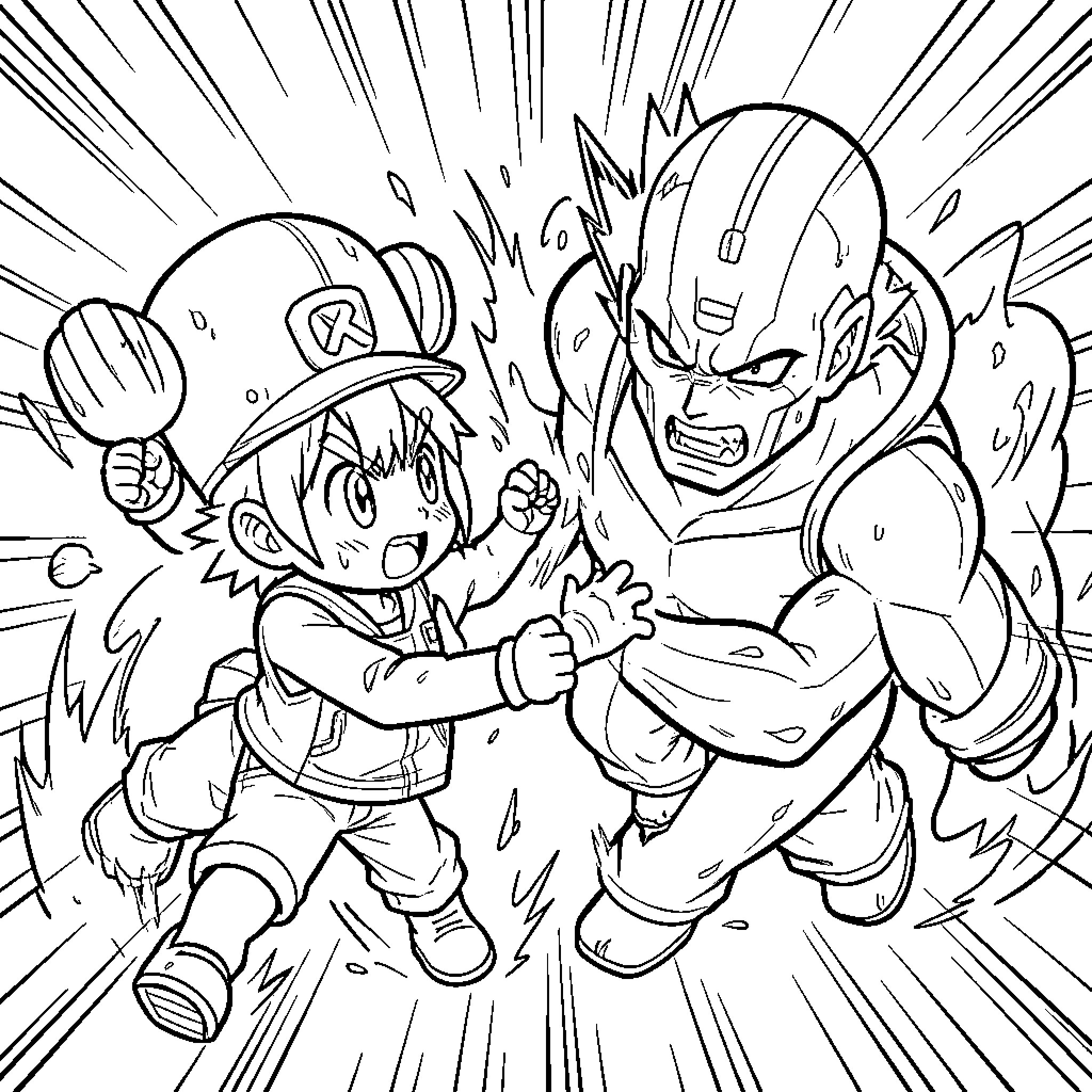 Chopper bravely fighting against a large muscular opponent Coloring Page (free black-and-white line drawing printable PDF for all, from beginners to advanced learners, including children, teens, adults, and seniors)