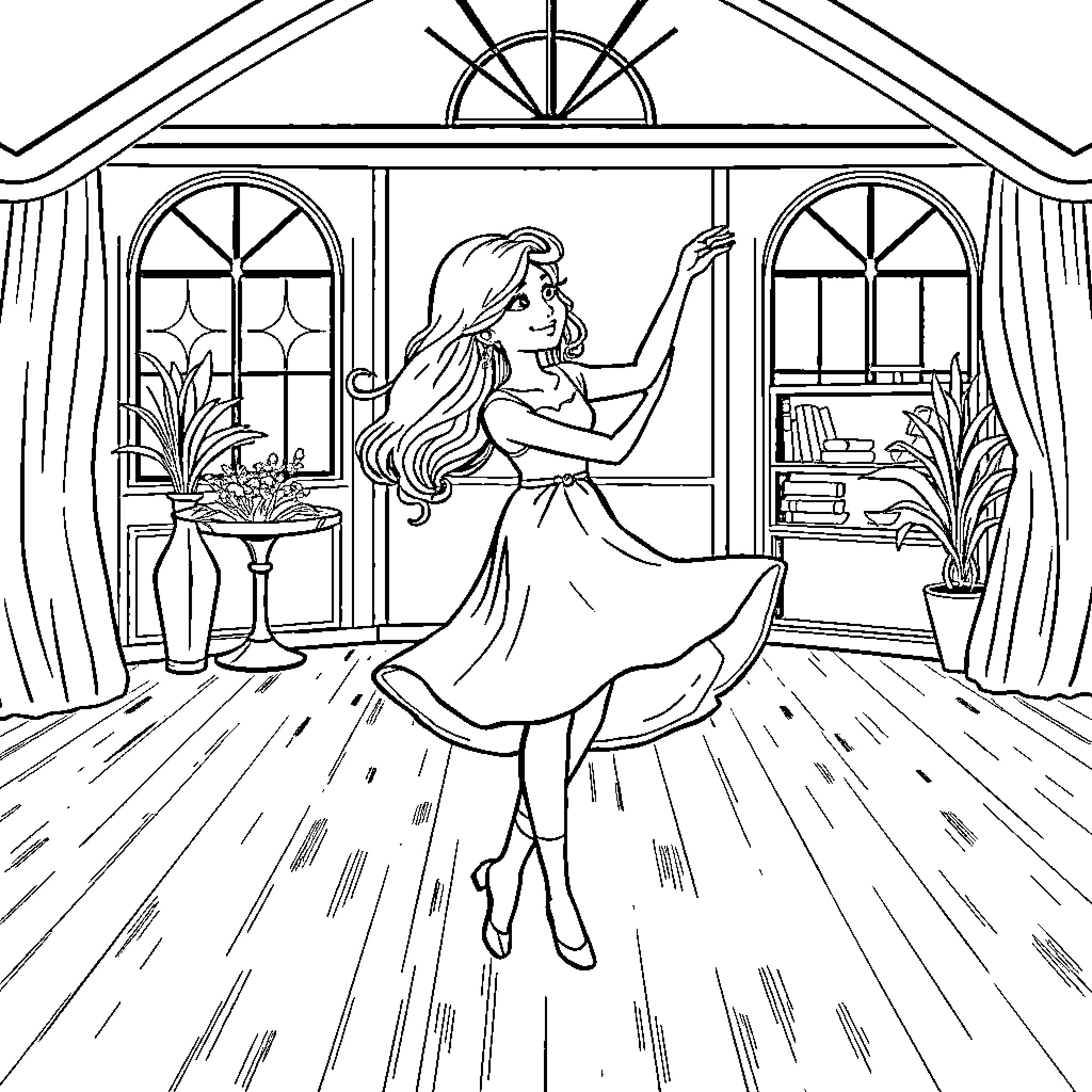 Olivia exploring her magical indoor sanctuary Coloring Page (free black-and-white line drawing printable PDF for all, from beginners to advanced learners, including children, teens, adults, and seniors)