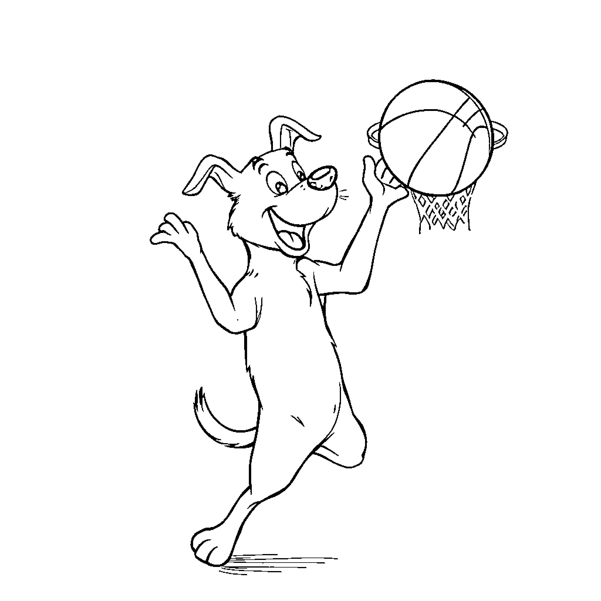 Dog playing basketball happily Coloring Page (free black-and-white line drawing printable PDF for all, from beginners to advanced learners, including children, teens, adults, and seniors)