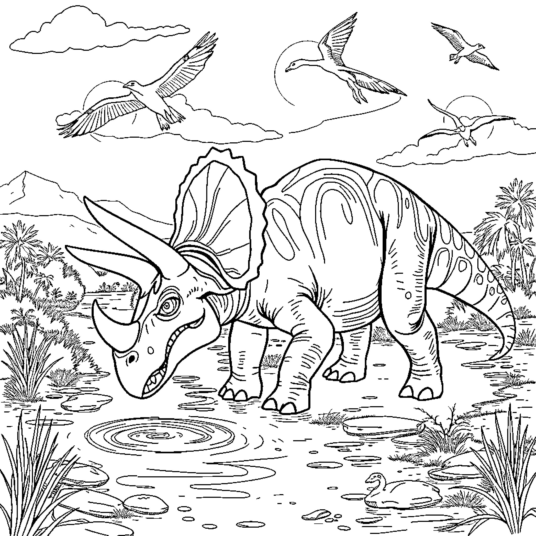 Triceratops among prehistoric landscapes and wildlife Coloring Page (free black-and-white line drawing printable PDF for all, from beginners to advanced learners, including children, teens, adults, and seniors)