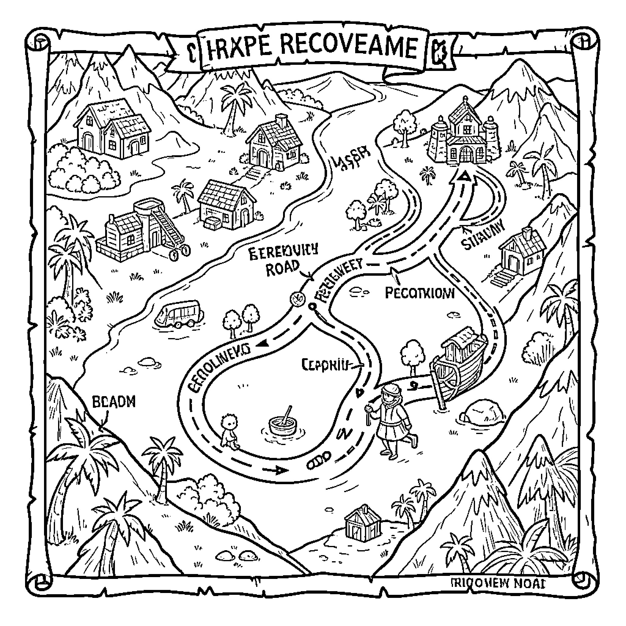 Treasure Map of an Adventurous Island Landscape Coloring Page (free black-and-white line drawing printable PDF for all, from beginners to advanced learners, including children, teens, adults, and seniors)