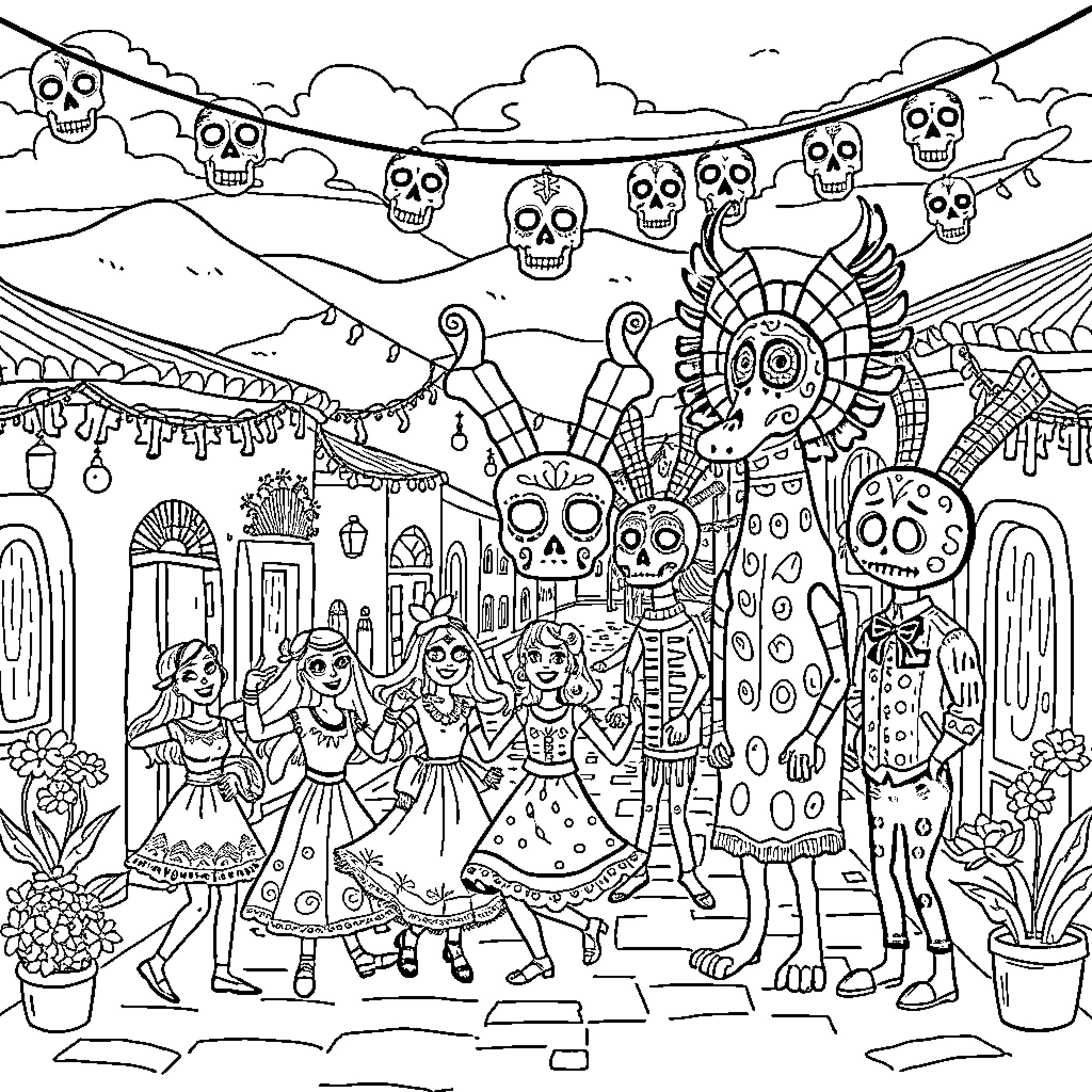 Alebrije: Lively Celebration with Costumed Figures Coloring Page (free black-and-white line drawing printable PDF for all, from beginners to advanced learners, including children, teens, adults, and seniors)