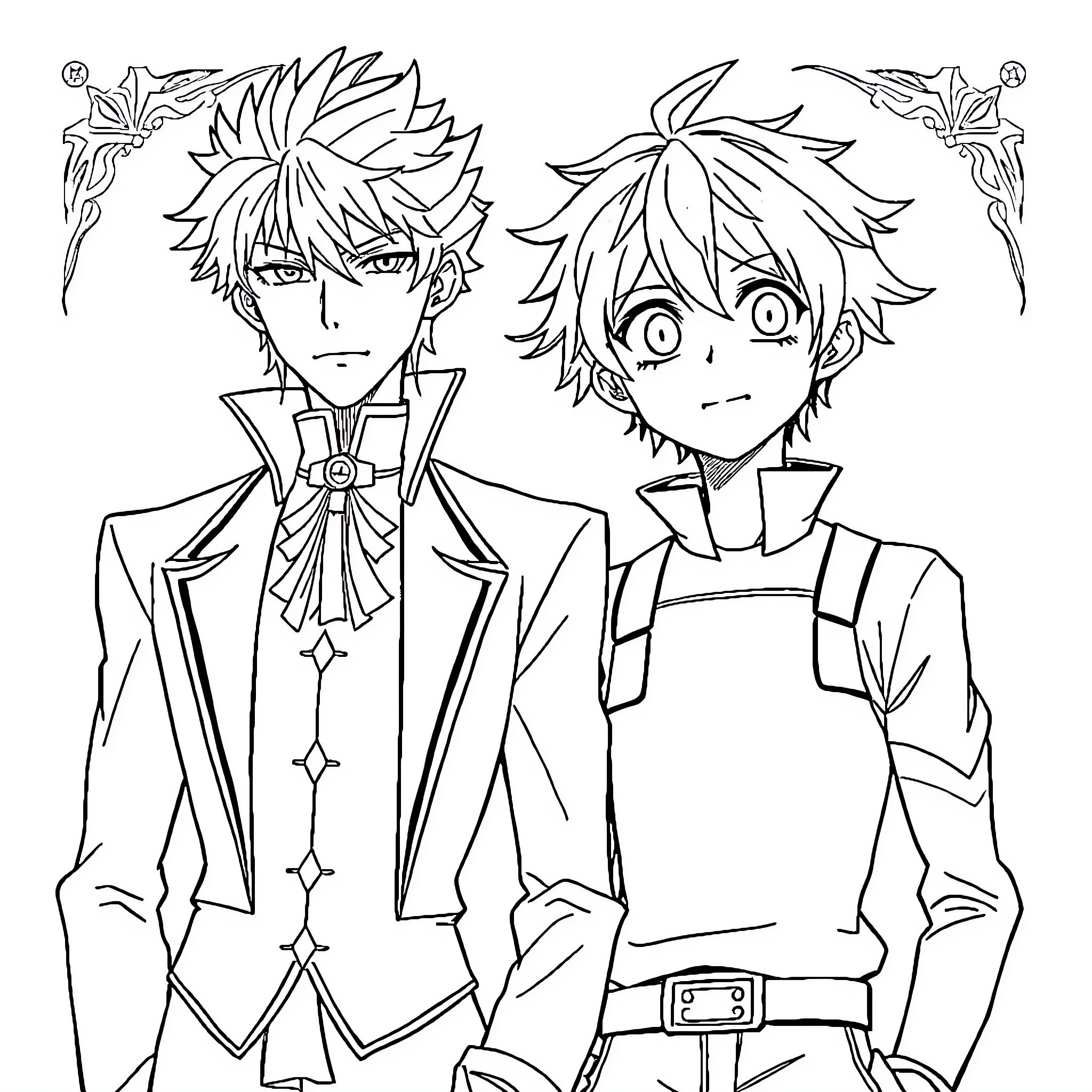 Ciel Phantomhive and Companion in Formal Attire Coloring Page (free black-and-white line drawing printable PDF for all, from beginners to advanced learners, including children, teens, adults, and seniors)