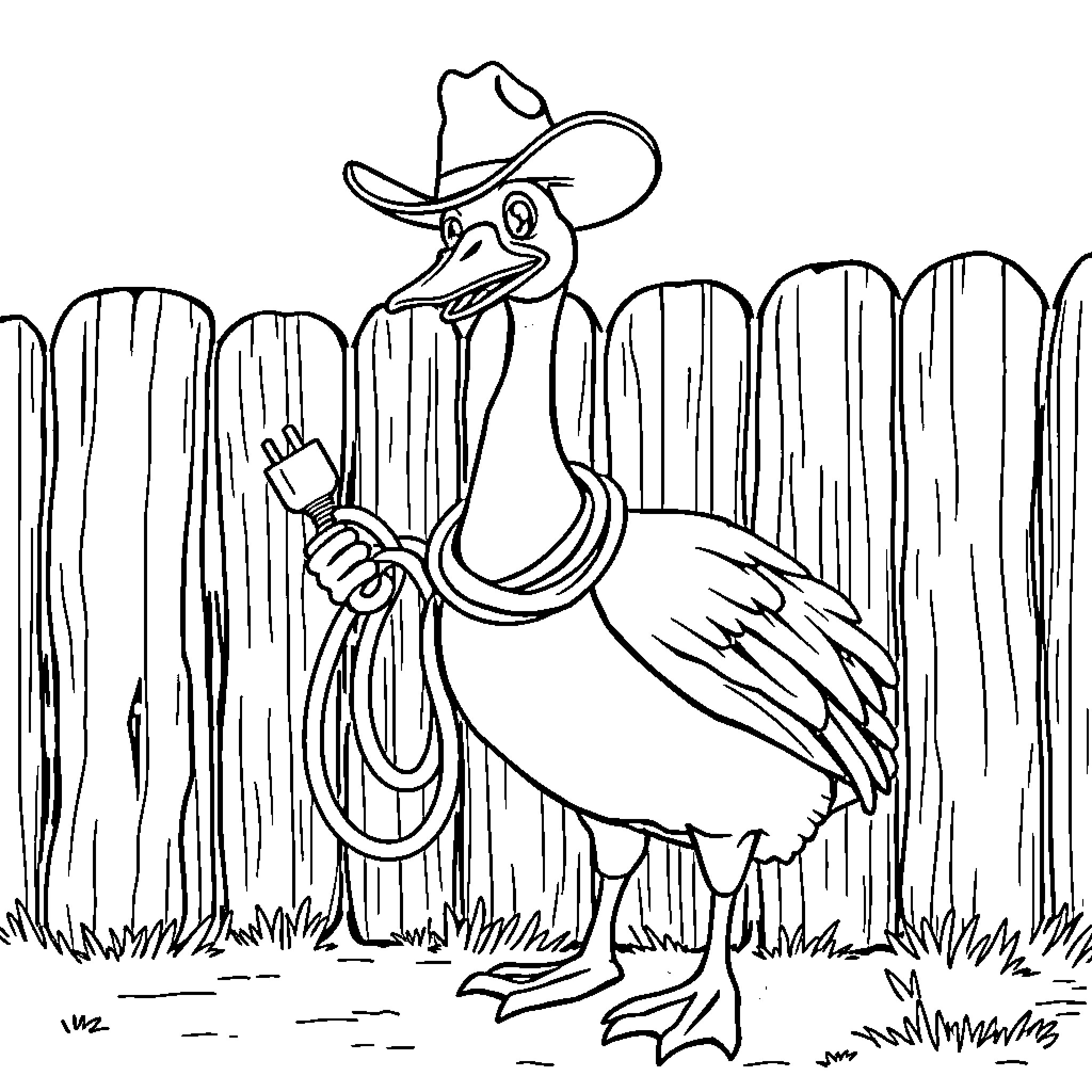 Goose wearing cowboy hat and lasso Coloring Page (free black-and-white line drawing printable PDF for all, from beginners to advanced learners, including children, teens, adults, and seniors)