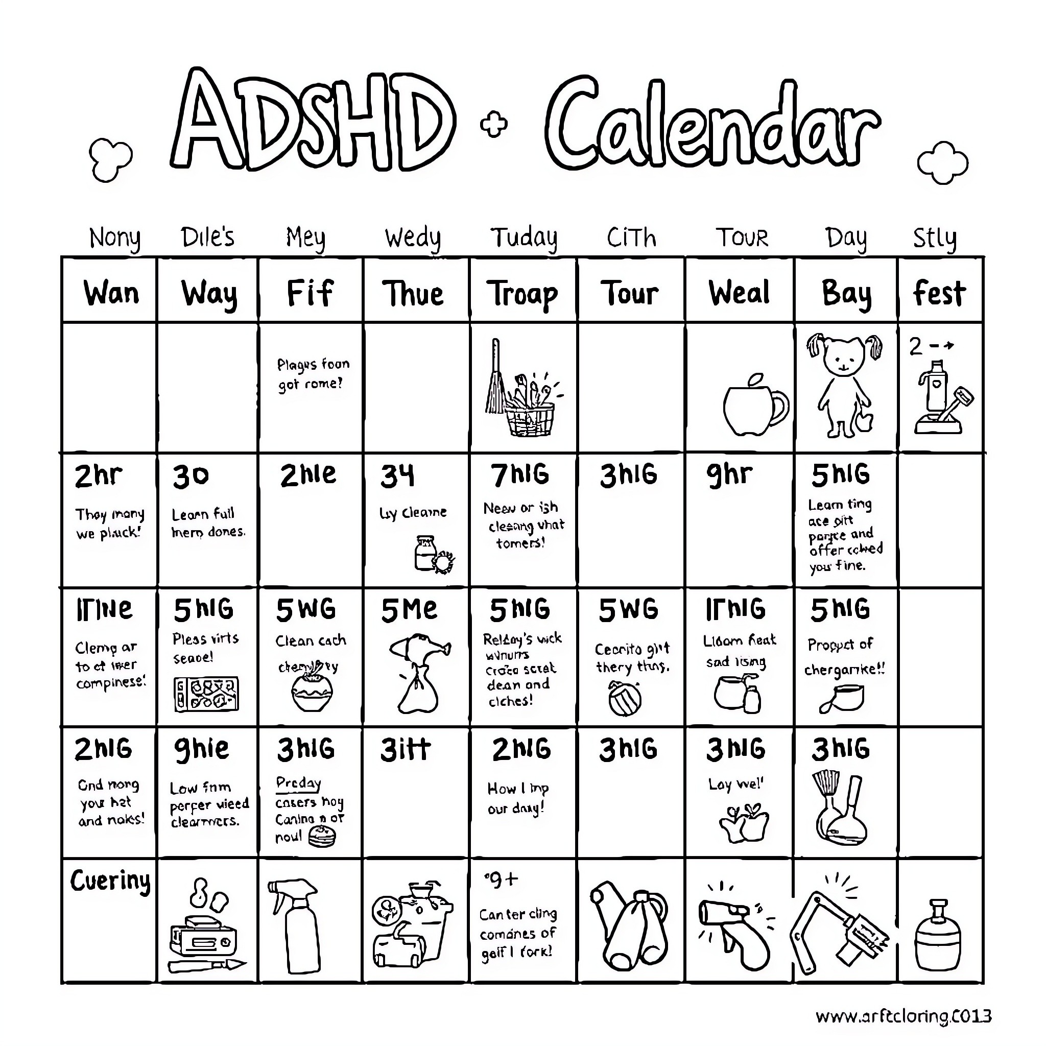 Cleaning Calendar with Various Household Tasks and Activities Coloring Page (free black-and-white line drawing printable PDF for all, from beginners to advanced learners, including children, teens, adults, and seniors)