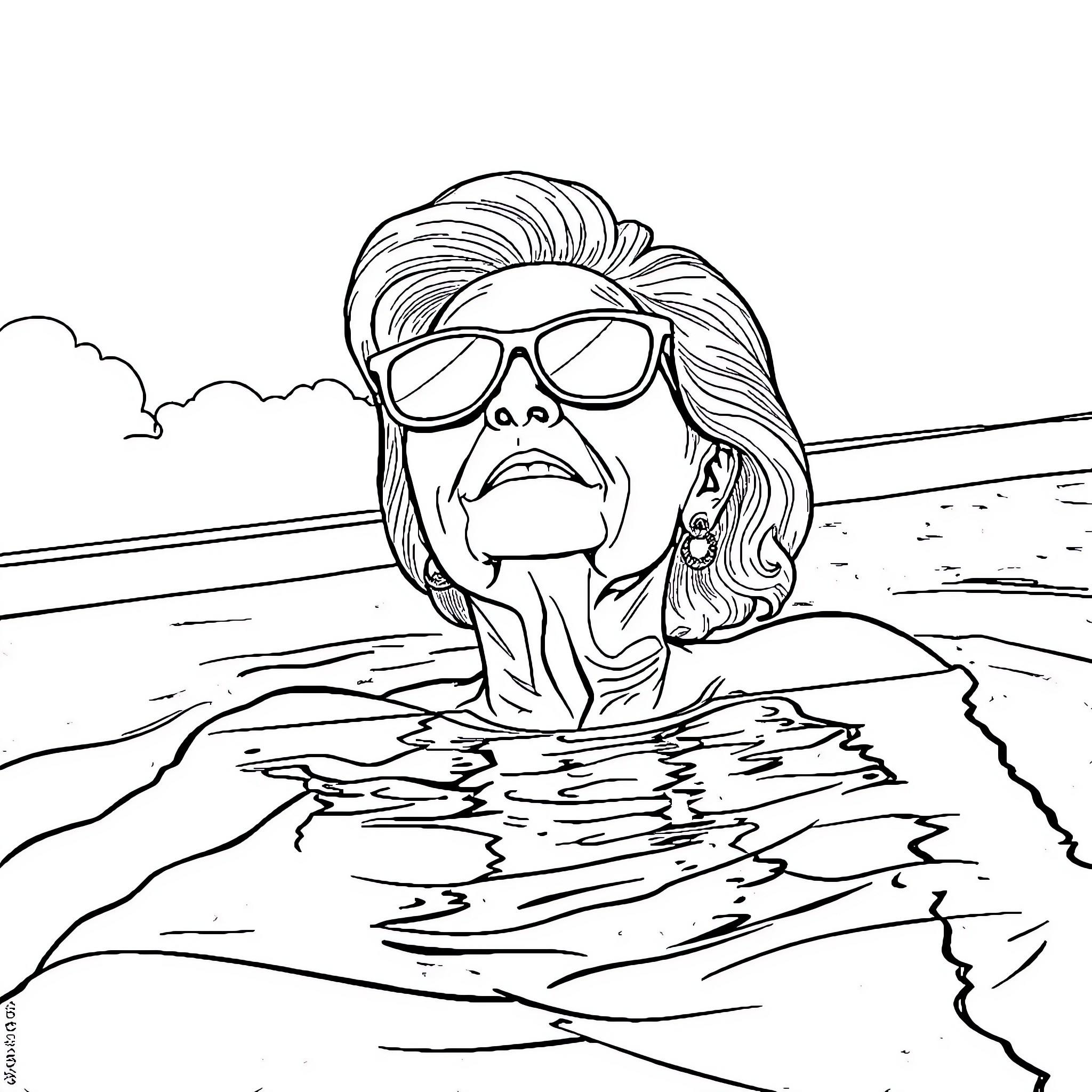 Woman relaxing in the ocean wearing sunglasses Coloring Page (free black-and-white line drawing printable PDF for all, from beginners to advanced learners, including children, teens, adults, and seniors)